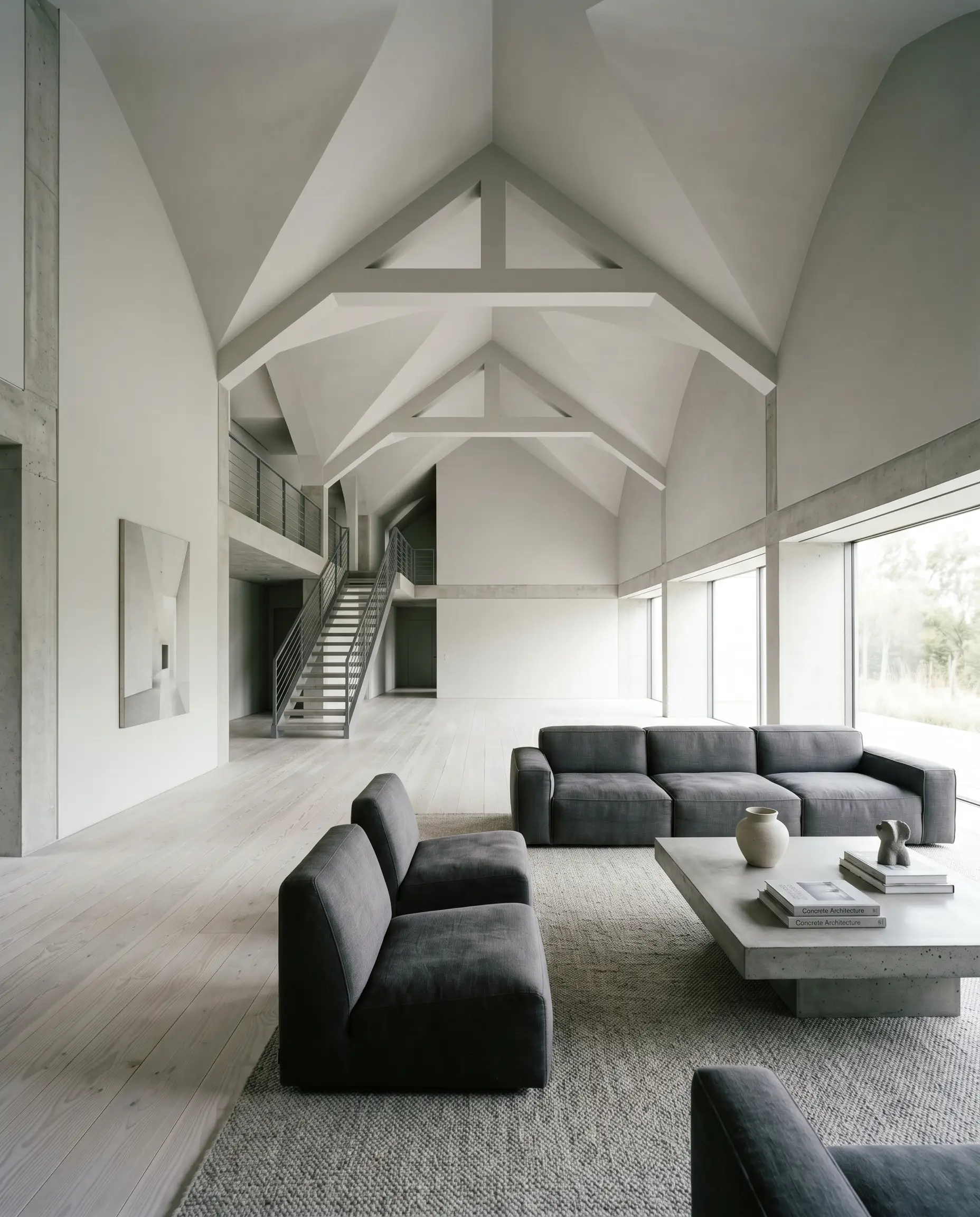 An expansive living space features a color-drenched vaulted ceiling and walls in a crisp twilight grey, towering over minimalist low-slung charcoal furniture and white-washed ash floors.