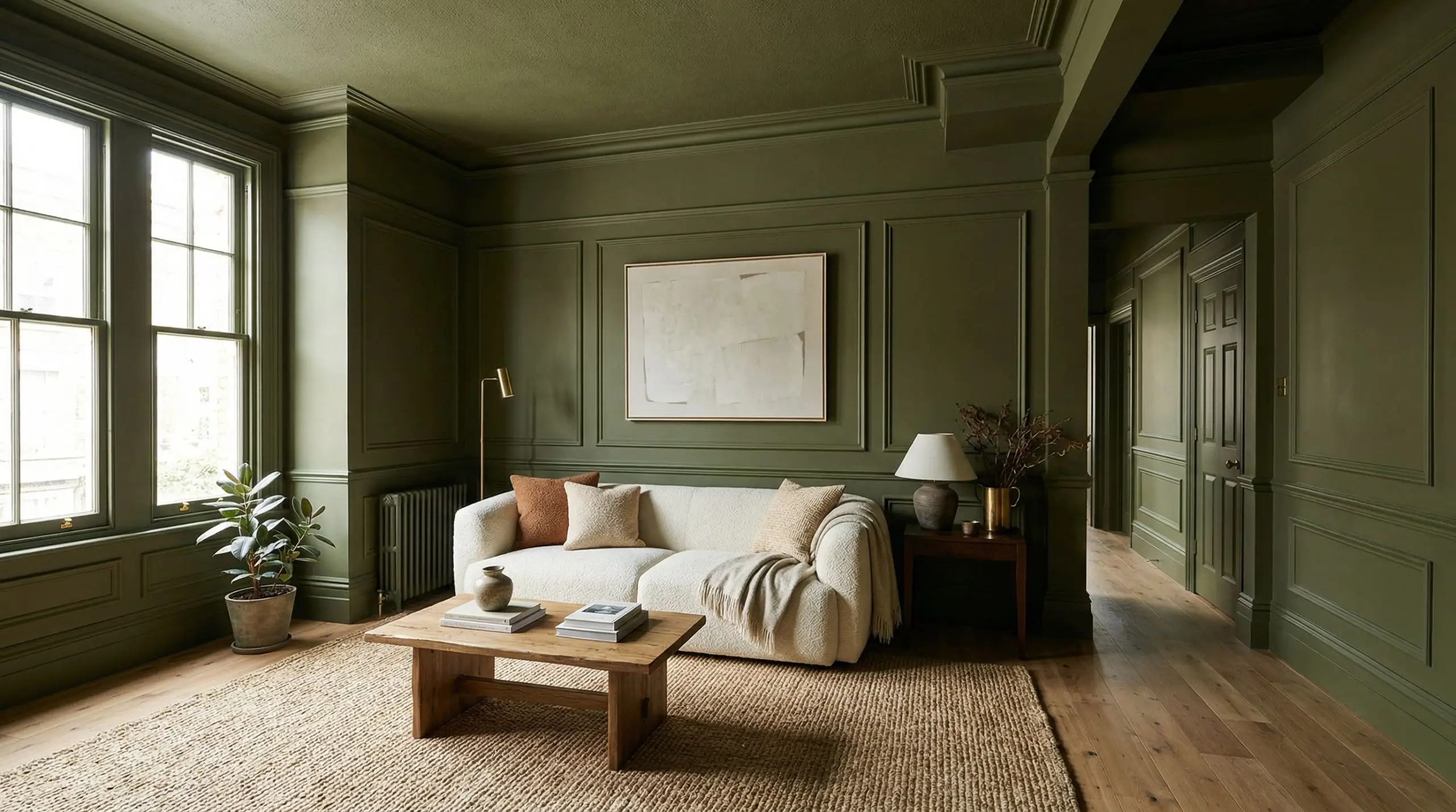 Living room featuring walls, ceiling, heavy baseboards, and doors all color-drenched in moody olive green to highlight applied box trim.