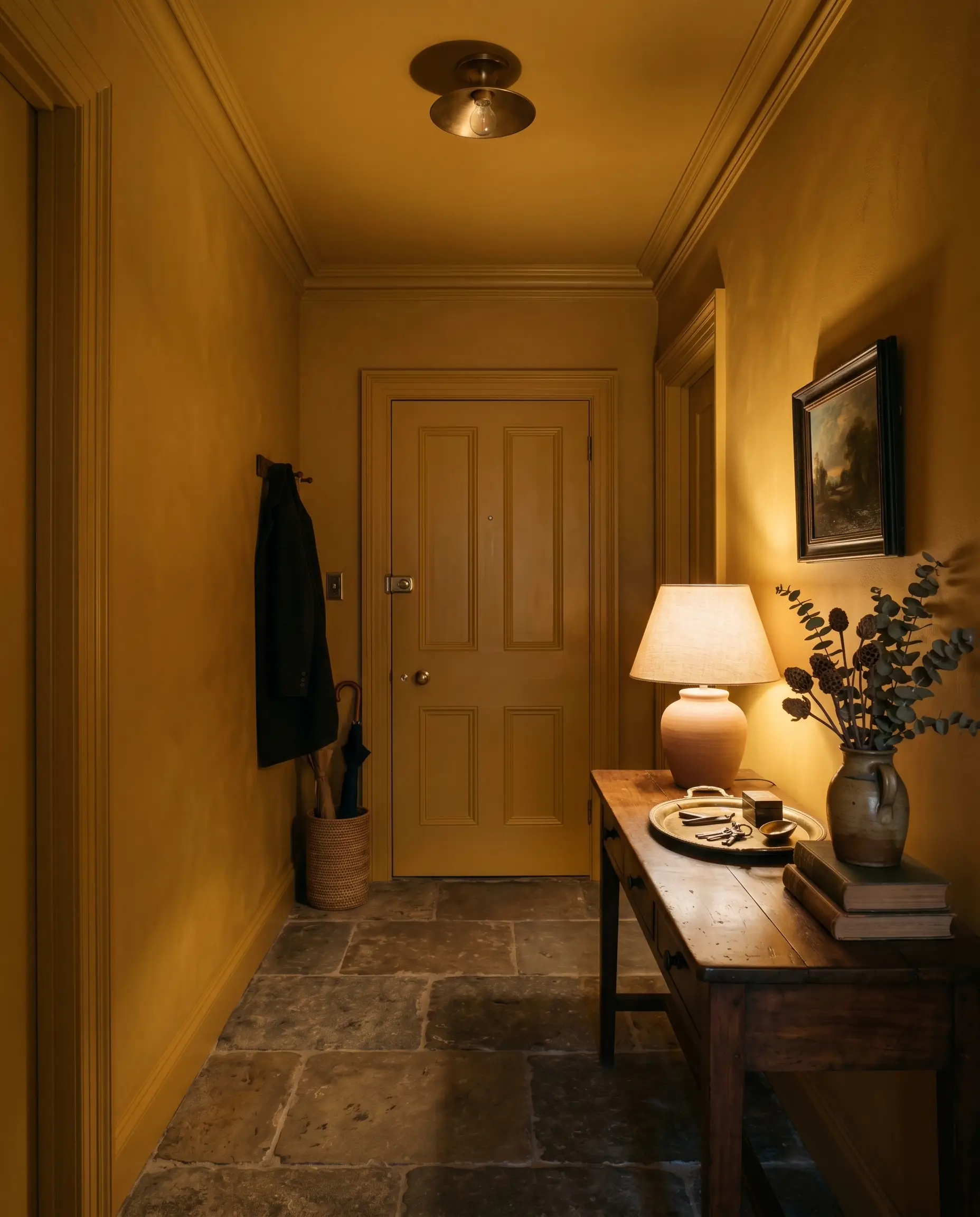 An aged walnut console table and tumbled bluestone flooring furnish a small, windowless entry vestibule completely color-drenched in Farrow & Ball India Yellow.