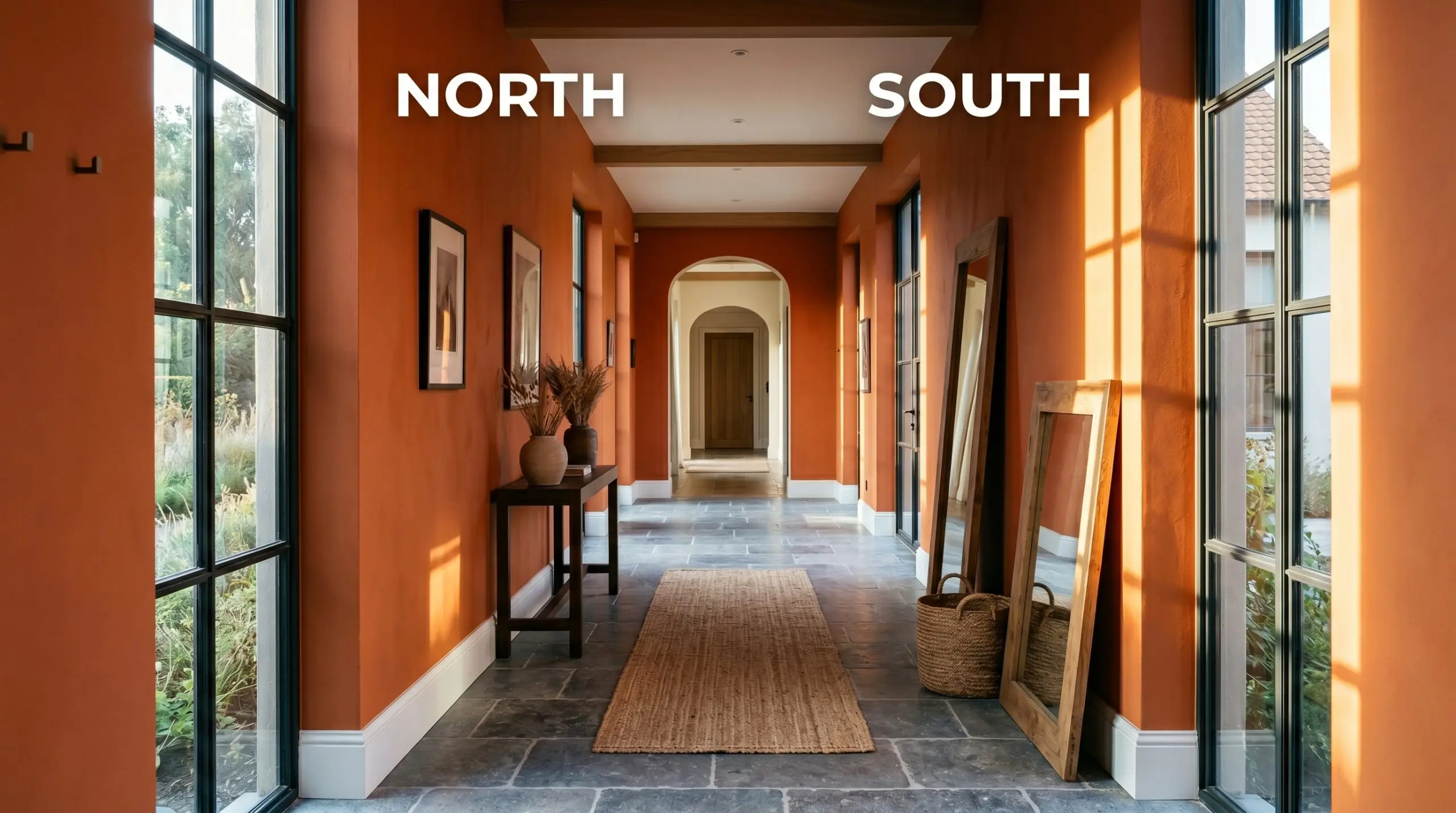 A continuous hallway with tumbled Belgian bluestone flooring demonstrates the wall color shifting from muted red-brown in cool Northern light to vivid warm orange in direct South-facing exposure.