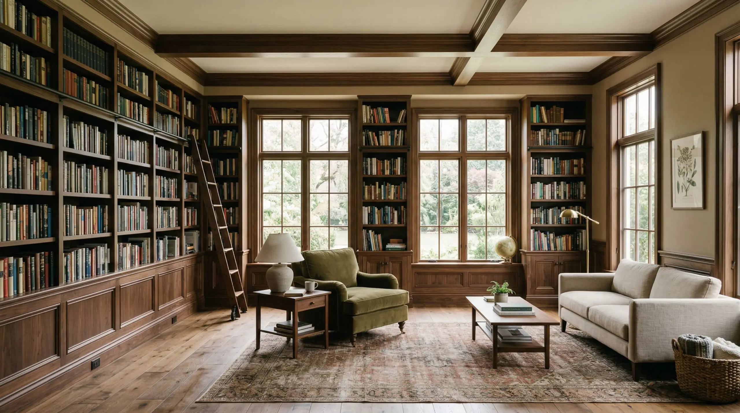 Soft natural daylight fills a cozy home library featuring rich dark walnut wainscoting, built-in bookshelves, and upper walls painted in Benjamin Moore Sherwood Tan (Hex #B8A183).