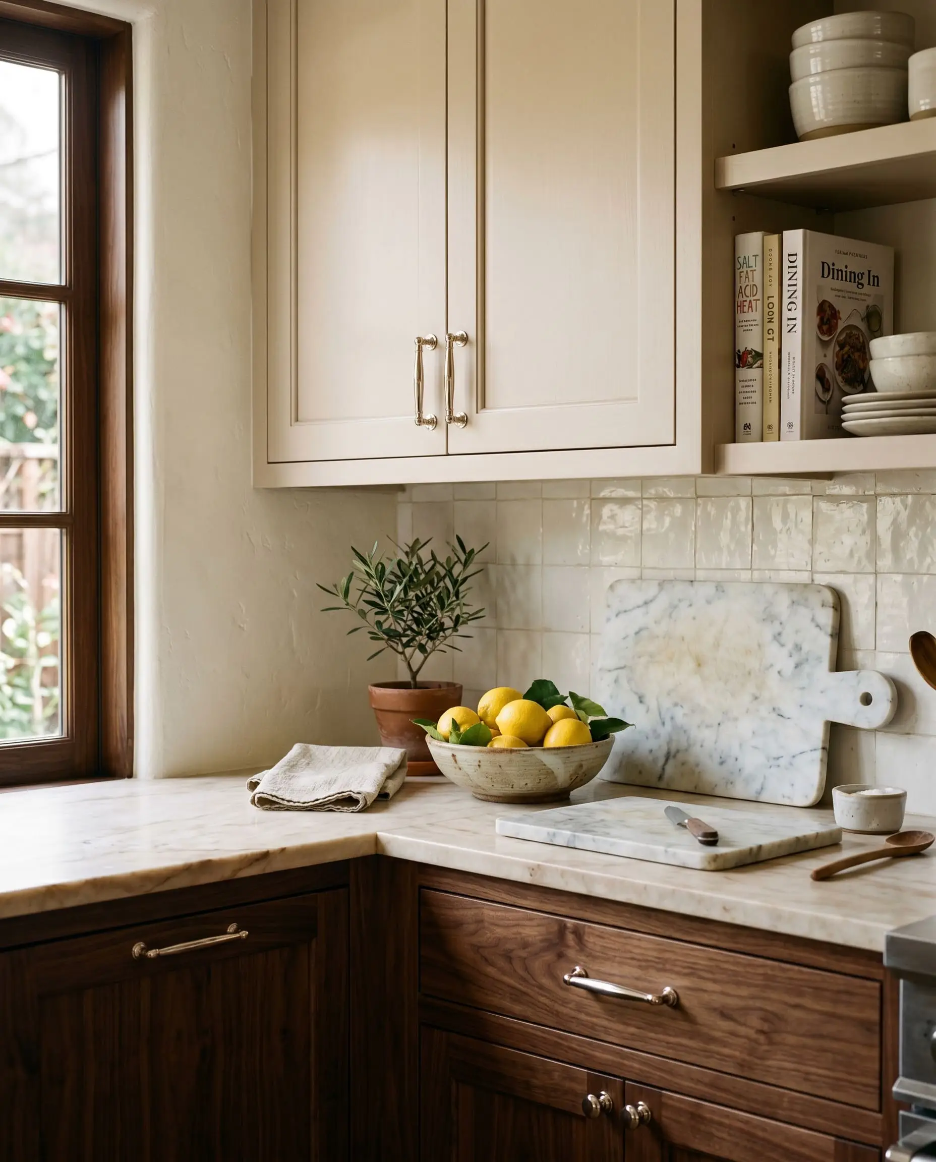 Creamy taupe upper cabinets adorned with polished nickel hardware contrast against rich dark walnut lower cabinets, a marble cutting board, and fresh lemons.