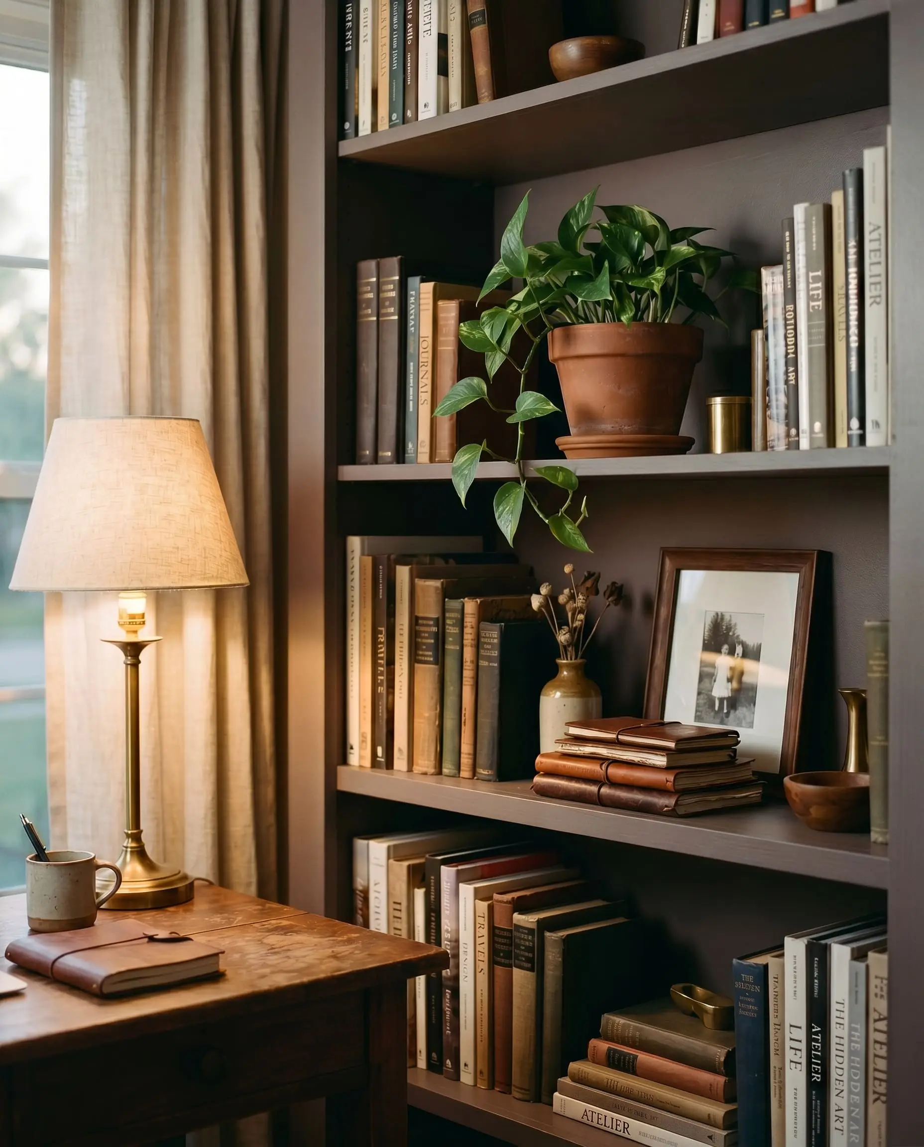 A warm ambient desk lamp illuminates curated, lived-in library shelves painted in a deep, subdued rose-violet.