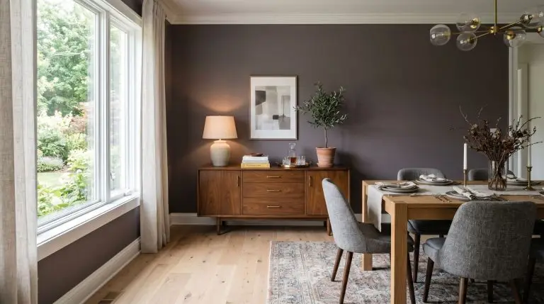 A vintage sideboard and neutral white oak flooring sit against deep moody neutral walls in a transitional modern dining room corner.