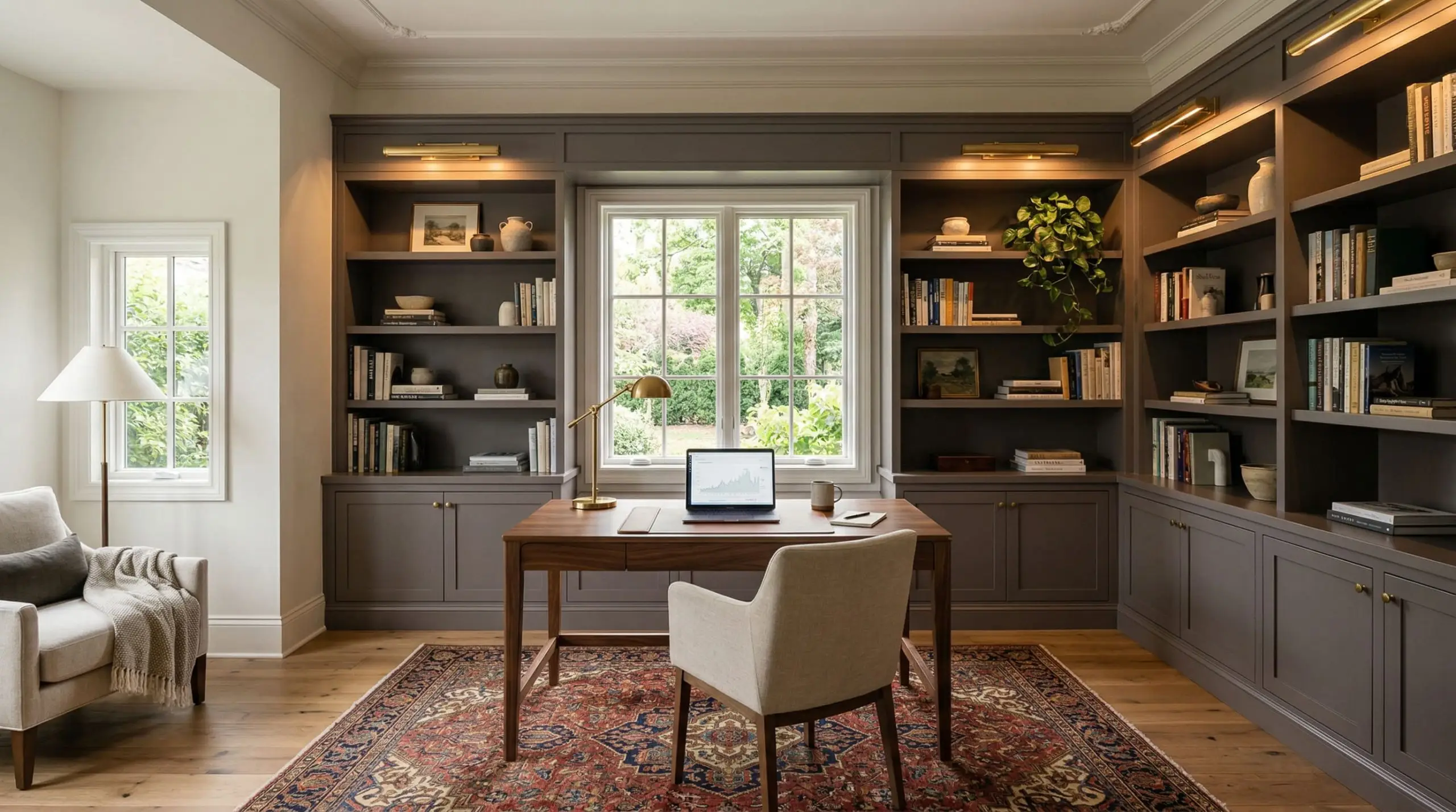 Built-in bookcases painted in Curtain Call frame a vintage rug and a warm walnut desk in a transitional modern home office.