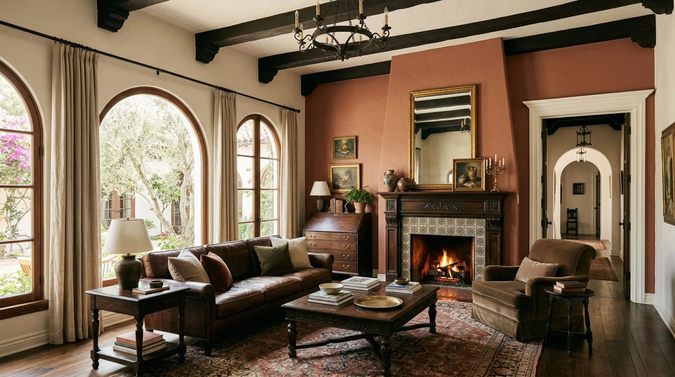 Dark walnut antique furniture and a vintage Persian rug sit before an earthy reddish-brown accent wall in an old-world romantic living room.