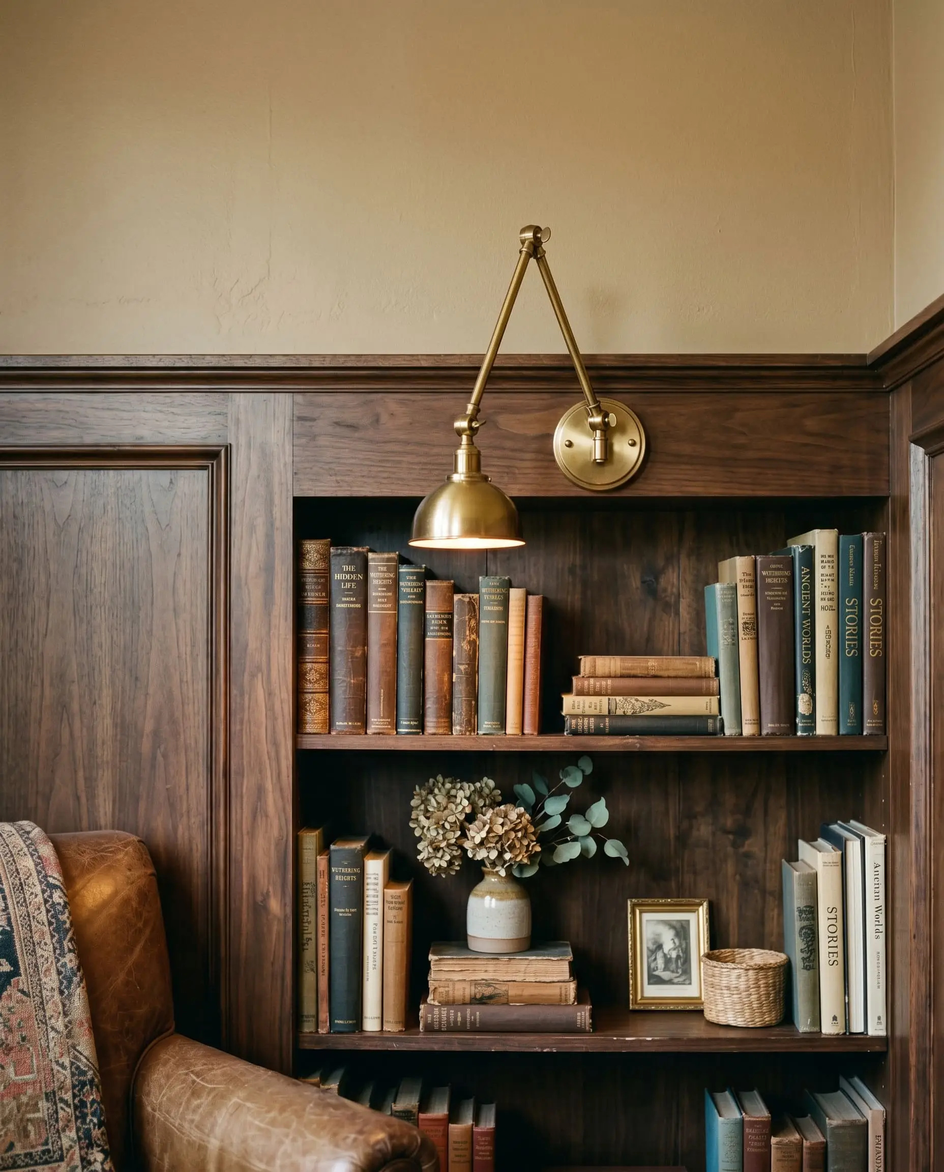 Warm directional light from a brass lamp highlights a library bookshelf framed by dark walnut wainscoting against a luminous golden-brown upper wall.