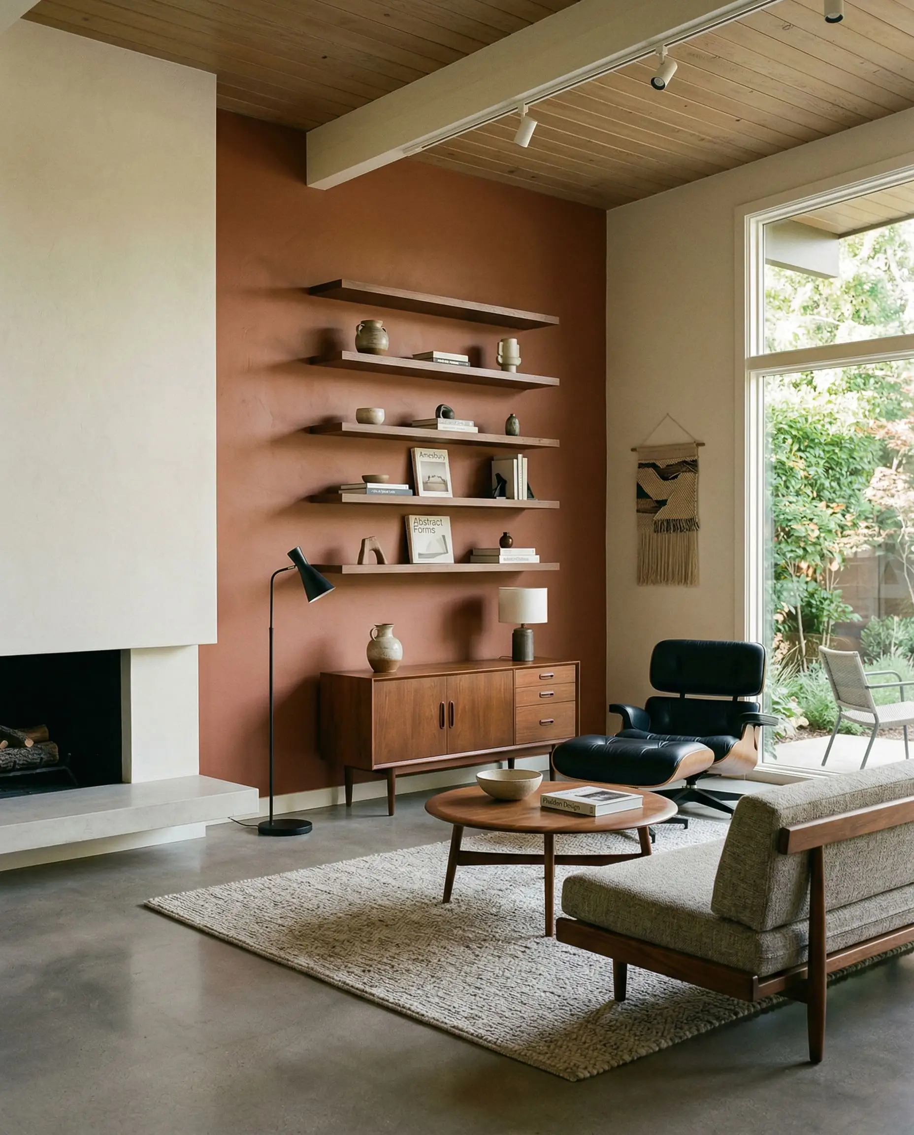 Dark walnut floating shelves and a matte black floor lamp stand out sharply against a warm clay accent wall illuminated by West-facing afternoon light.