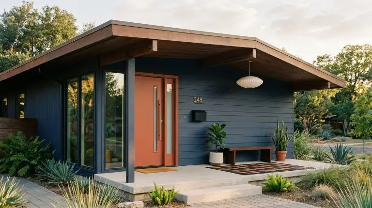 Warm afternoon light highlights a rich rust front door contrasting beautifully with deep navy exterior siding, mid-century lines, and dark walnut eaves.