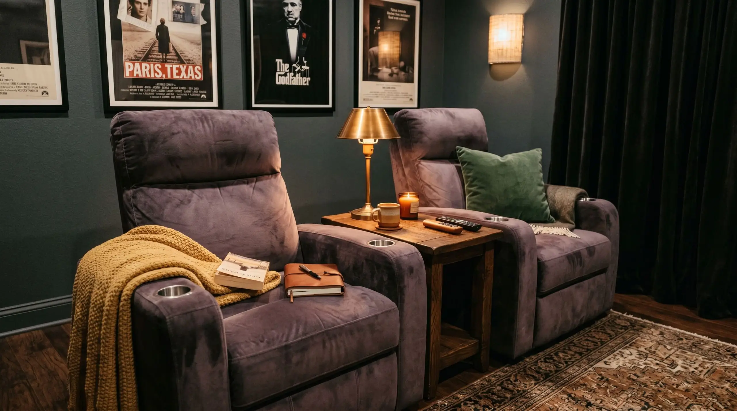 Deep plum-gray velvet theater chairs sit in a dimly lit room against dark, subdued rose-violet walls.