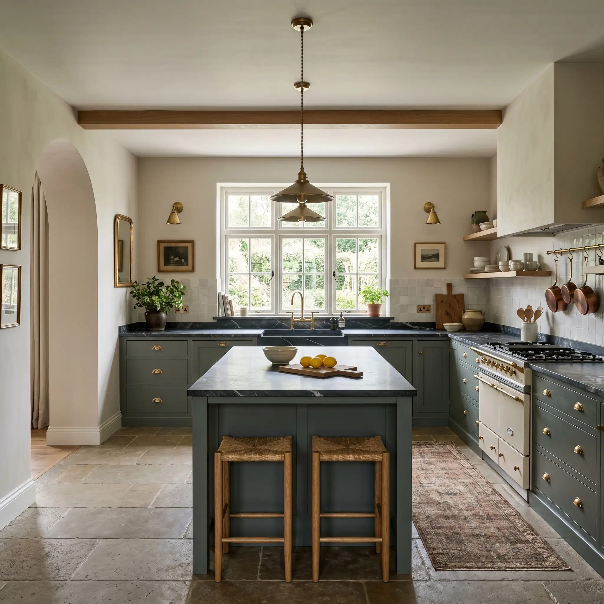Lower cabinets painted in Farrow & Ball Green Smoke (Hex #6f7b71) anchor a heritage kitchen featuring dark soapstone countertops and unlacquered brass cup pulls.