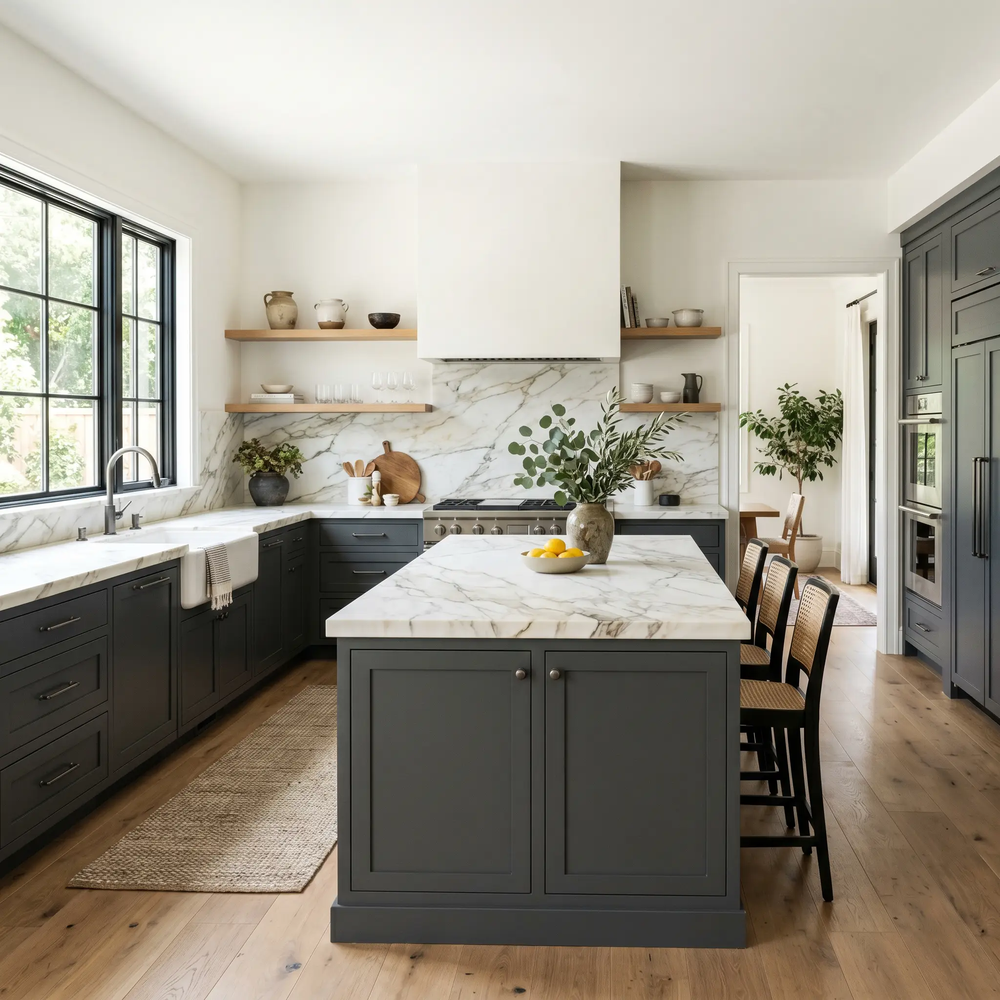 Oversized kitchen island and lower cabinetry painted in Benjamin Moore Deep Space (Hex #52565A) pair heavily veined marble countertops with brushed gunmetal hardware.