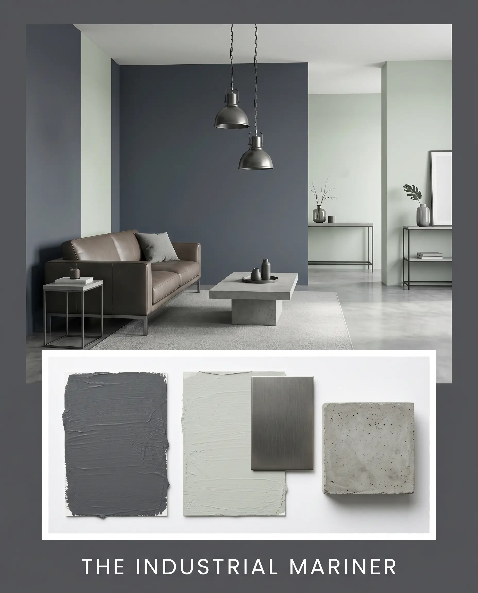 An editorial magazine layout pairs a sleek modern living room with a flat-lay of brushed gunmetal, raw poured concrete, and deeply saturated charcoal paint textures.