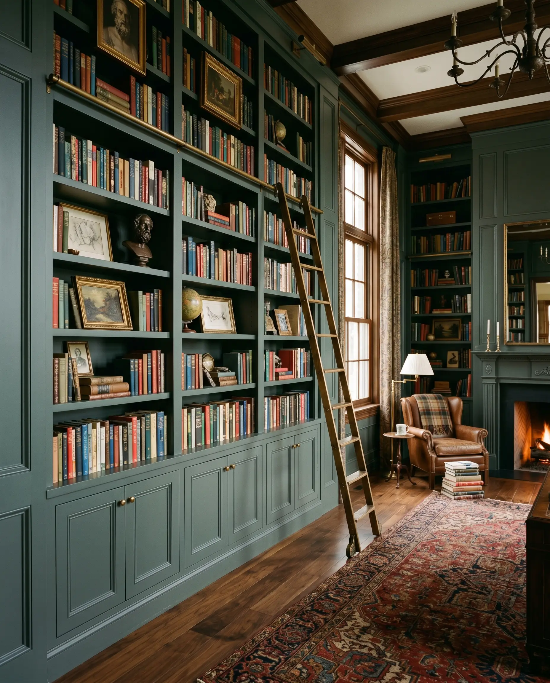 Floor-to-ceiling built-in bookcases painted in Farrow & Ball Green Smoke (Hex #6f7b71) house colorful books above medium-dark walnut flooring and a brass library ladder.