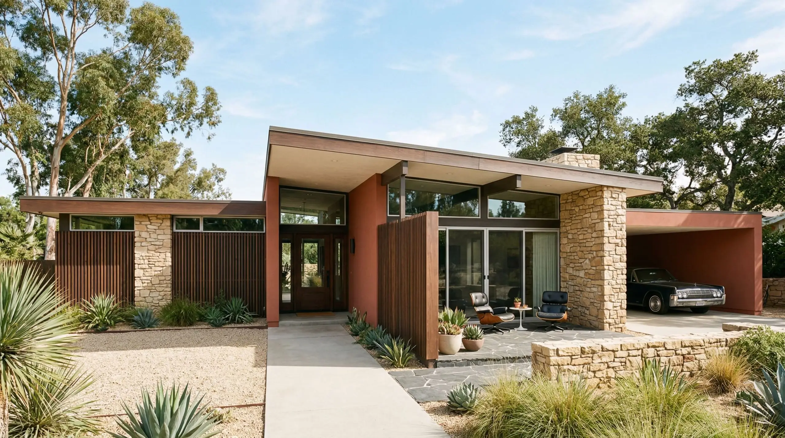 A mid-century modern home exterior features dark walnut wood slats, deep eaves, natural stone masonry, and bold accent sections painted in Sherwin-Williams Cavern Clay (Hex #AC6B53).