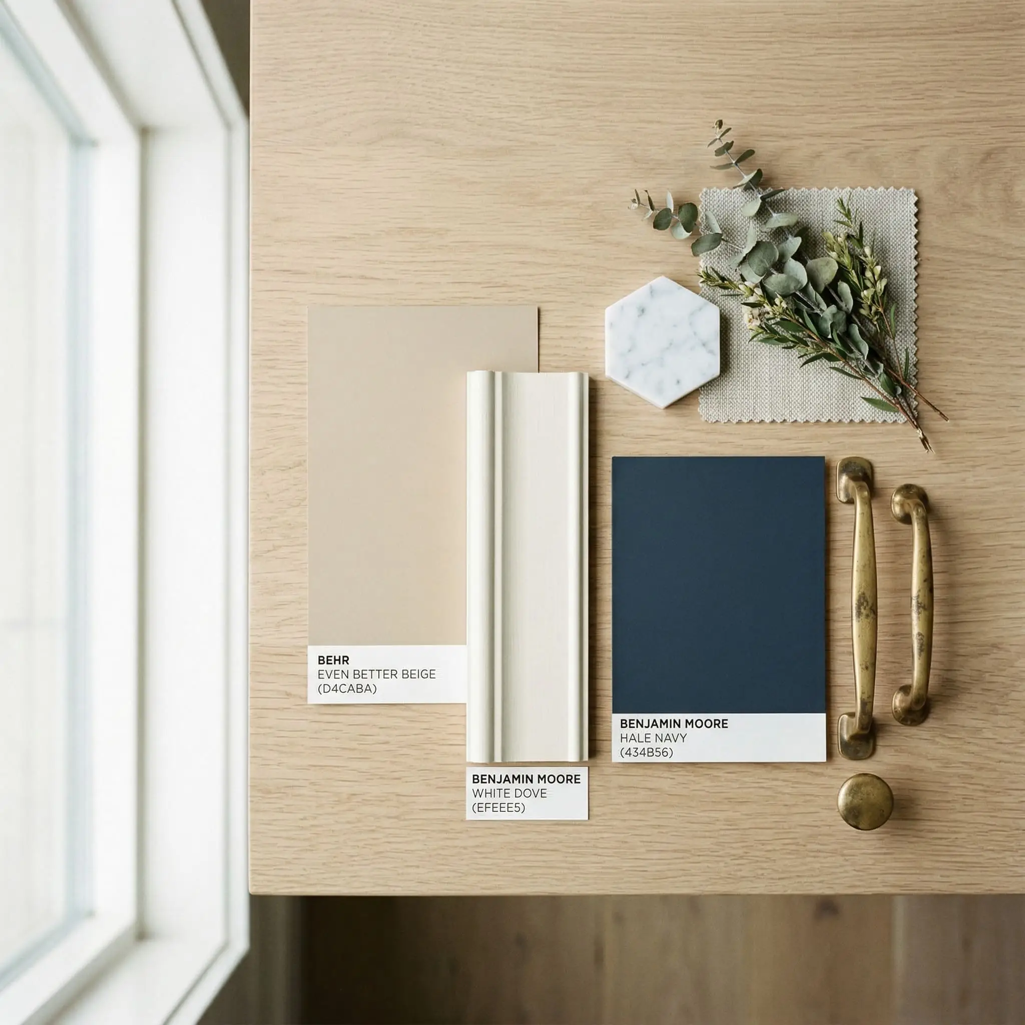 An architectural flat-lay displays a painted swatch of Behr Even Better Beige (Hex #D4CABA) paired with Benjamin Moore White Dove, Hale Navy, and unlacquered brass fixtures.