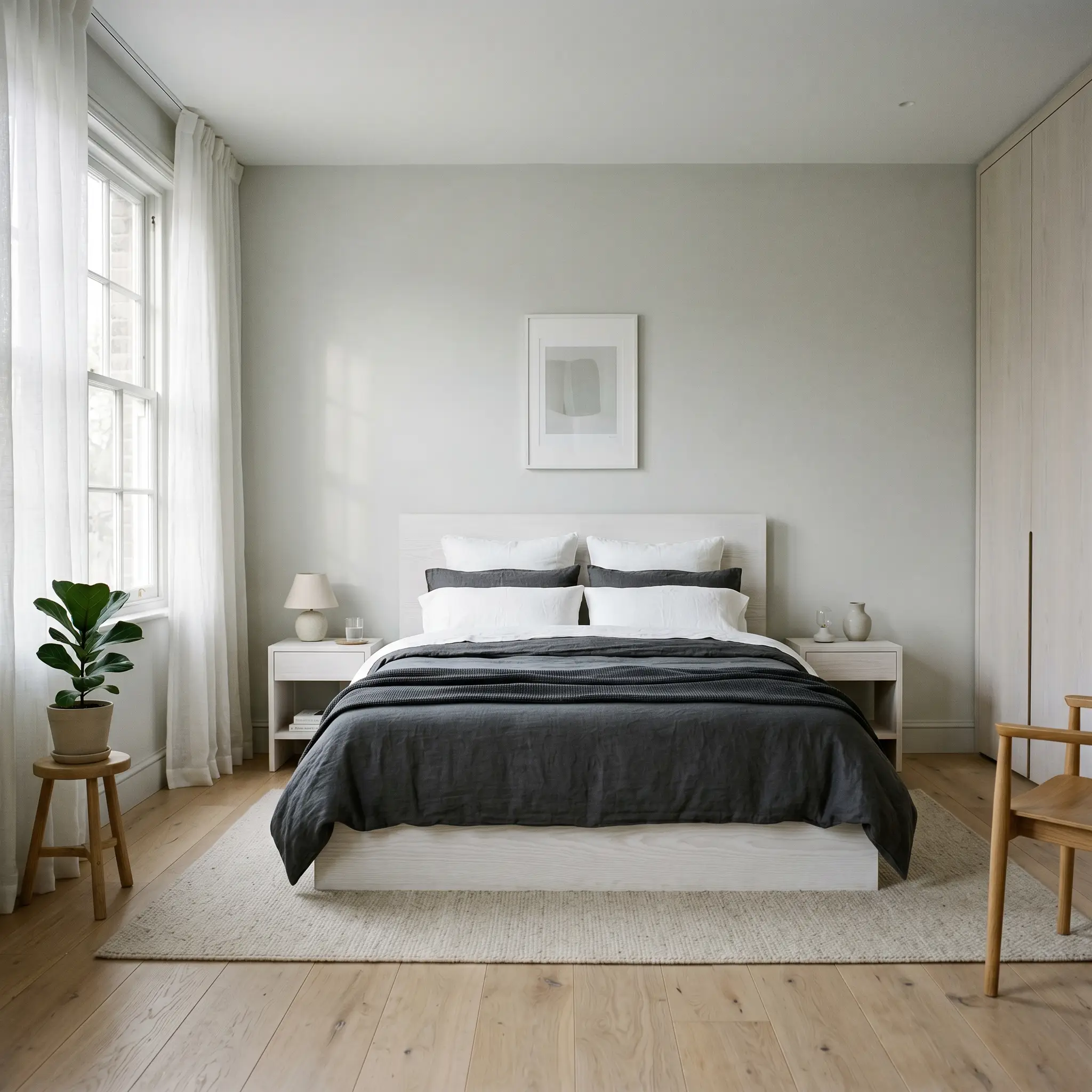 A serene bedroom features walls painted in Farrow & Ball Dimpse (Hex #d4d4d2), framing a low-profile white-washed ash wood platform bed dressed in deep charcoal and crisp white bedding.