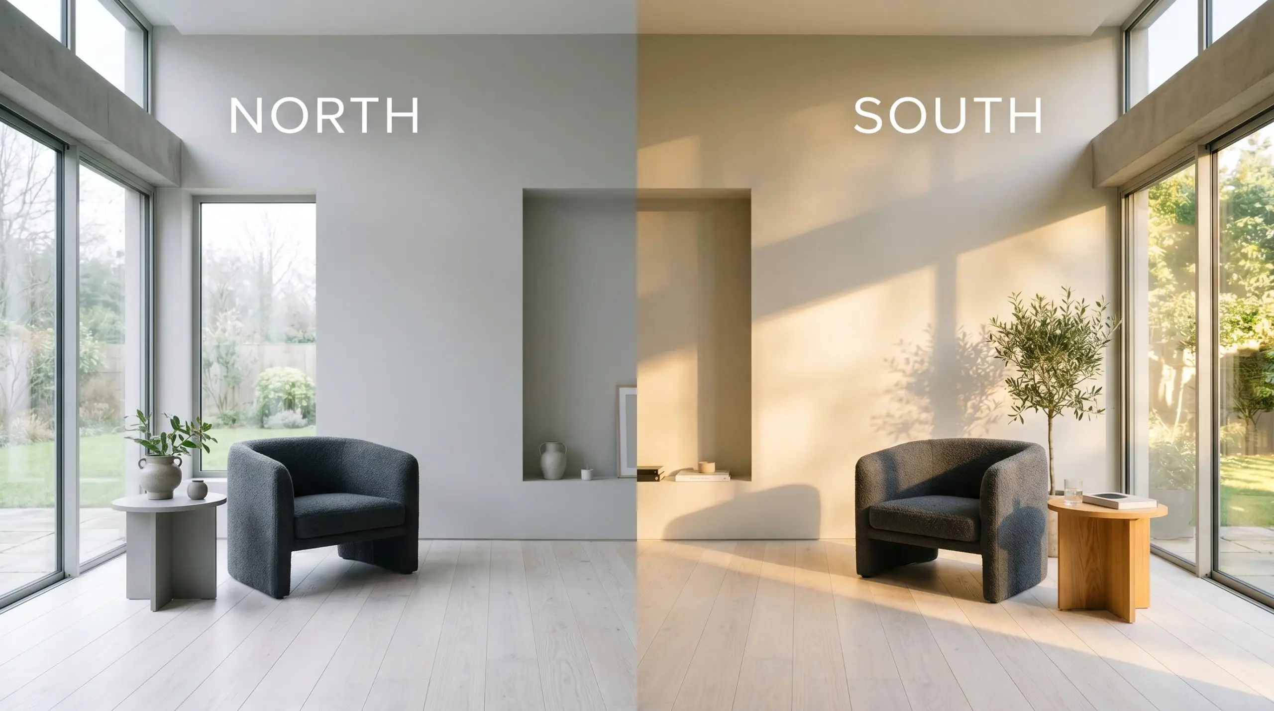 A split-screen comparison of Farrow & Ball Dimpse (Hex #d4d4d2) shifting from a steely blue-violet in chilly North-facing light to a soft, serene grey in warm South-facing exposure over white-washed ash floors.