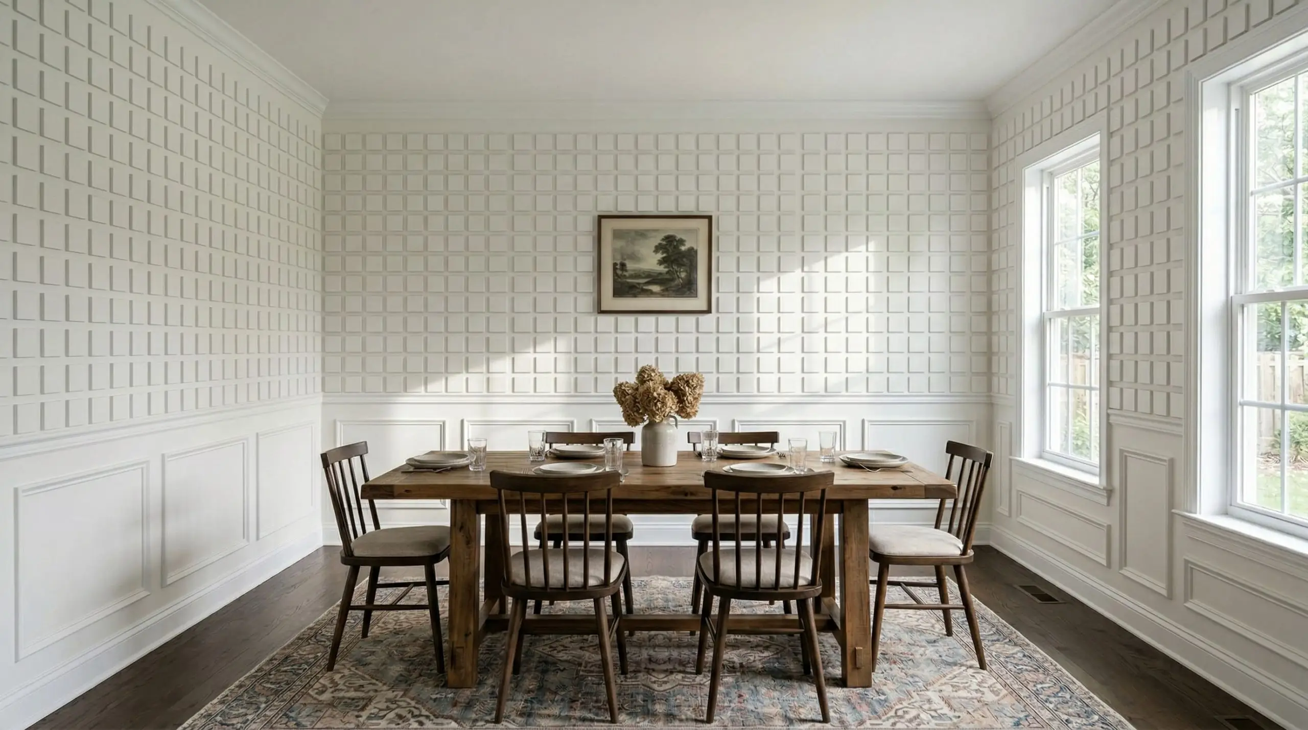 Suburban dining room showcasing mathematically precise white picture frame molding and chair rail under an 8-foot ceiling.