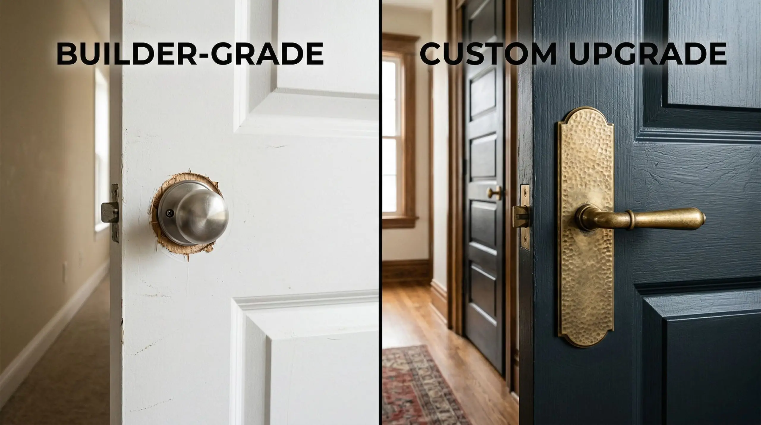 Split-screen showing a tiny brushed nickel rosette compared to an oversized 8-inch unlacquered brass escutcheon plate and lever.