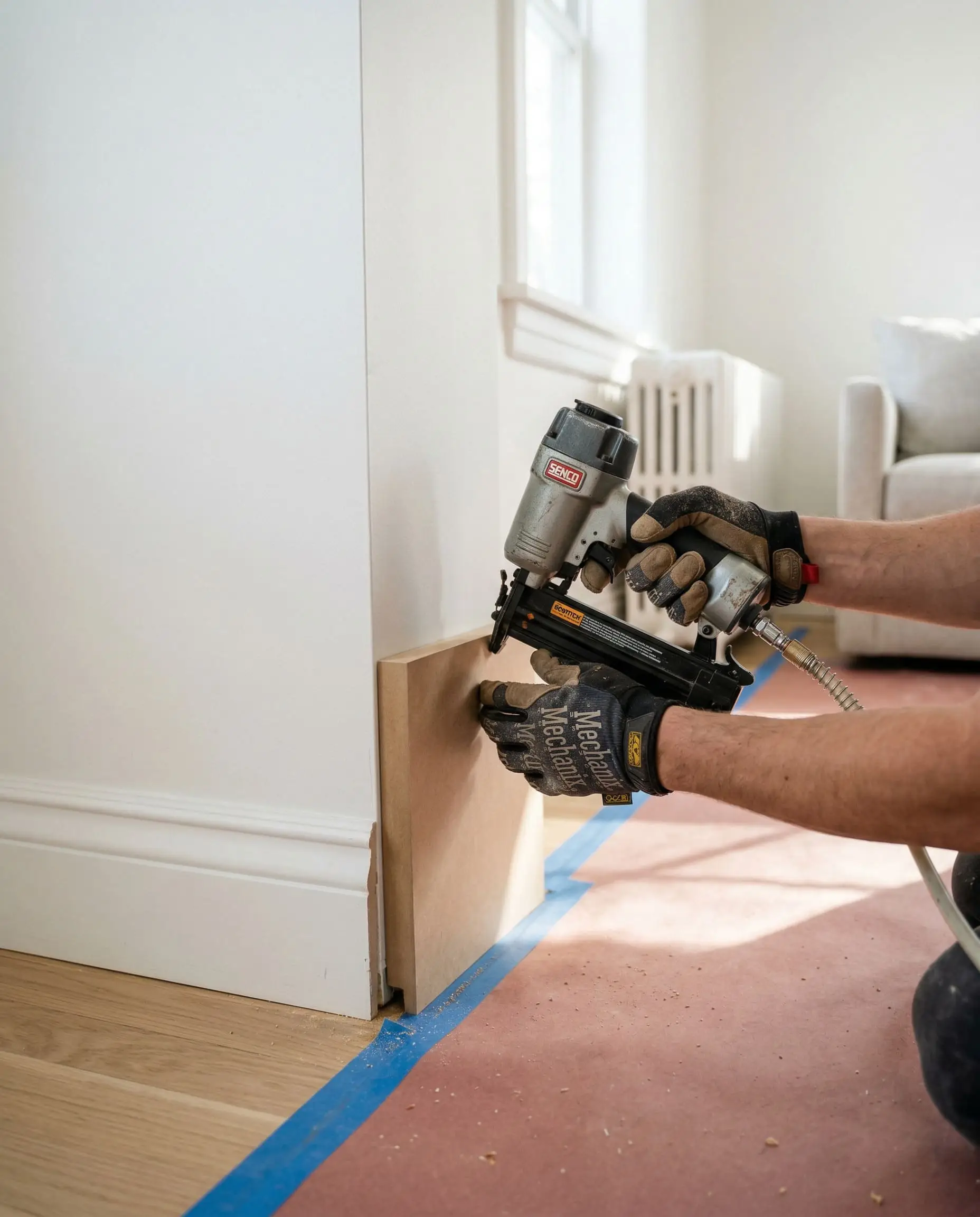 Hands using an 18-gauge brad nailer to secure a flat 1x6 MDF board against white drywall for a custom baseboard.