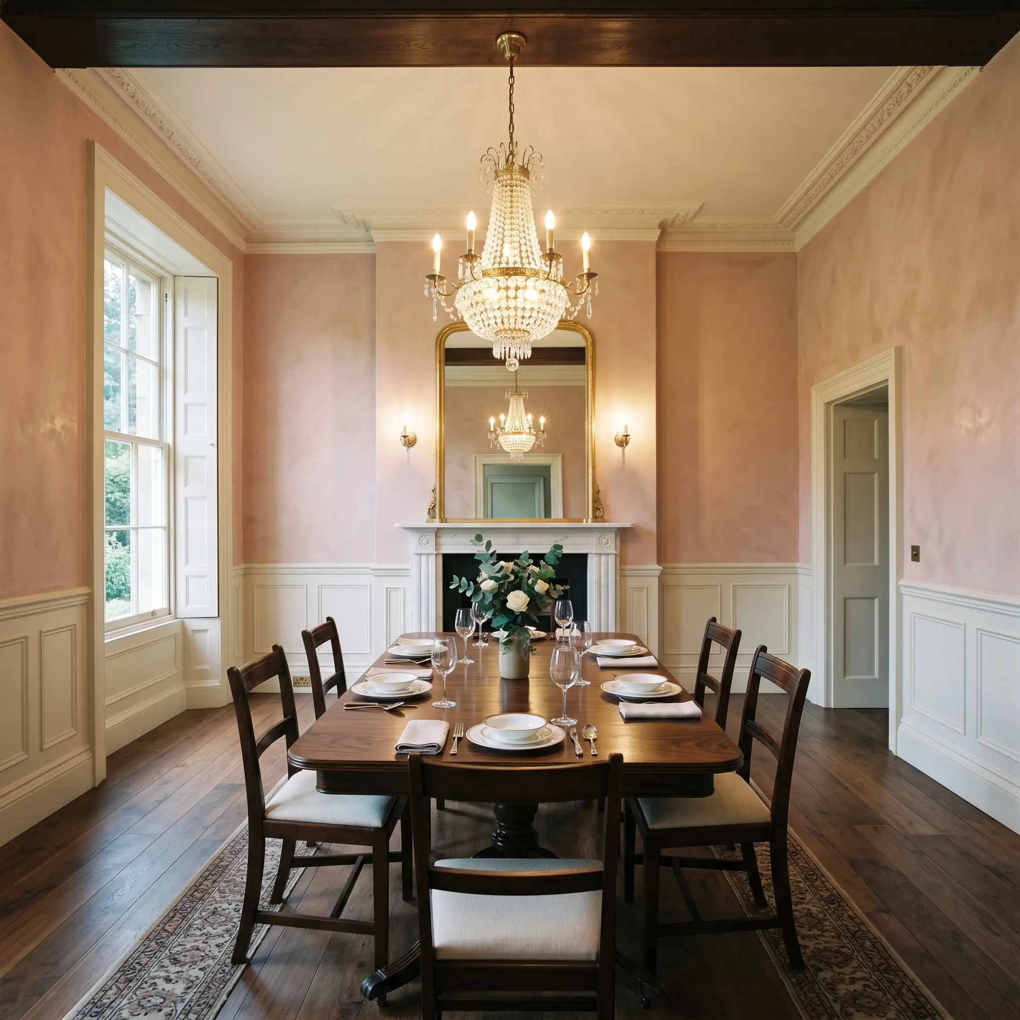 A dark walnut dining table sits in a formal space featuring heavily yellow-based white wainscoting beneath upper walls painted in Farrow & Ball Setting Plaster (Hex #d9c0ae).