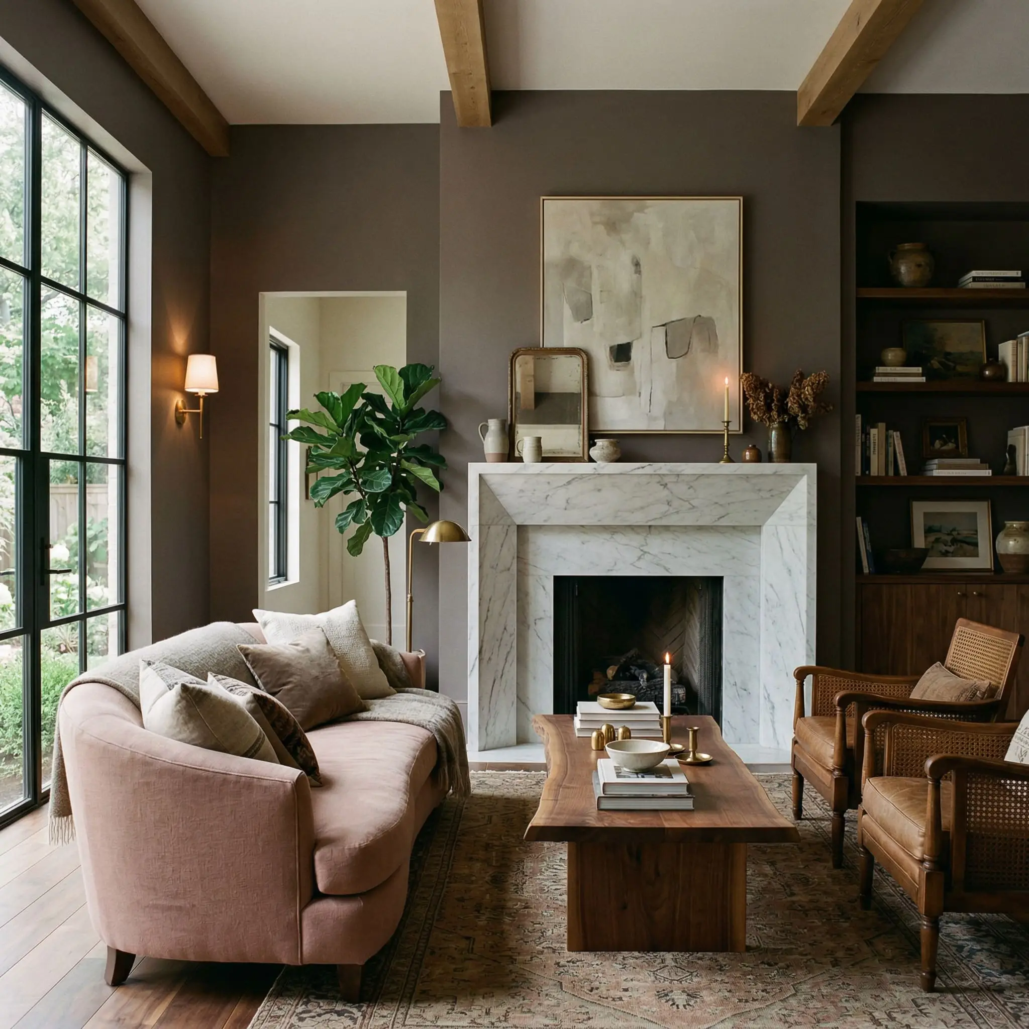 A massive honed Carrara marble fireplace and a dusty pink linen sofa sit on matte walnut floors in a living room with deep plum-gray walls.
