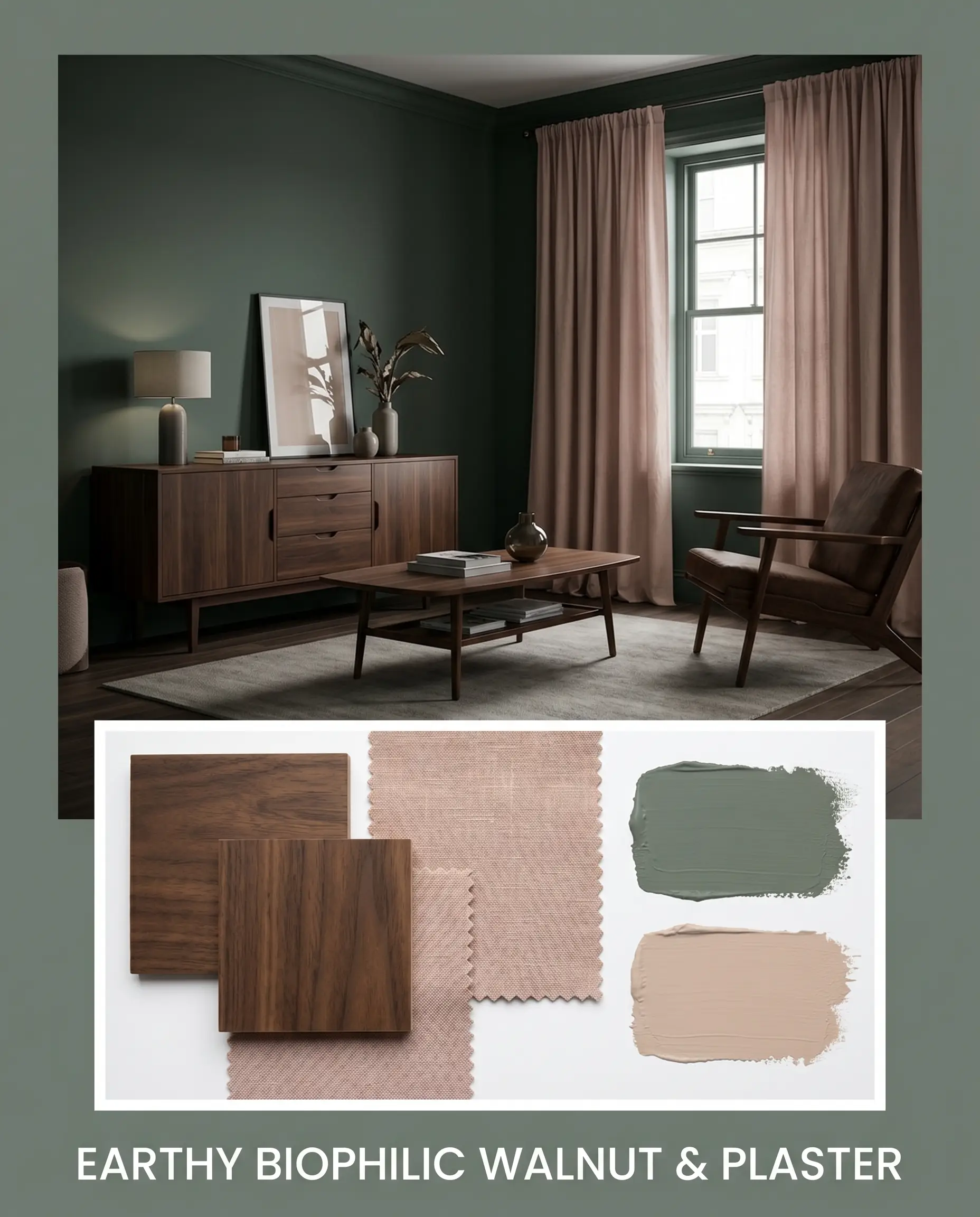 An Earthy Biophilic mood board features a modern living room color-drenched in dark green alongside a flat-lay of dark walnut swatches and dusty pink linen.