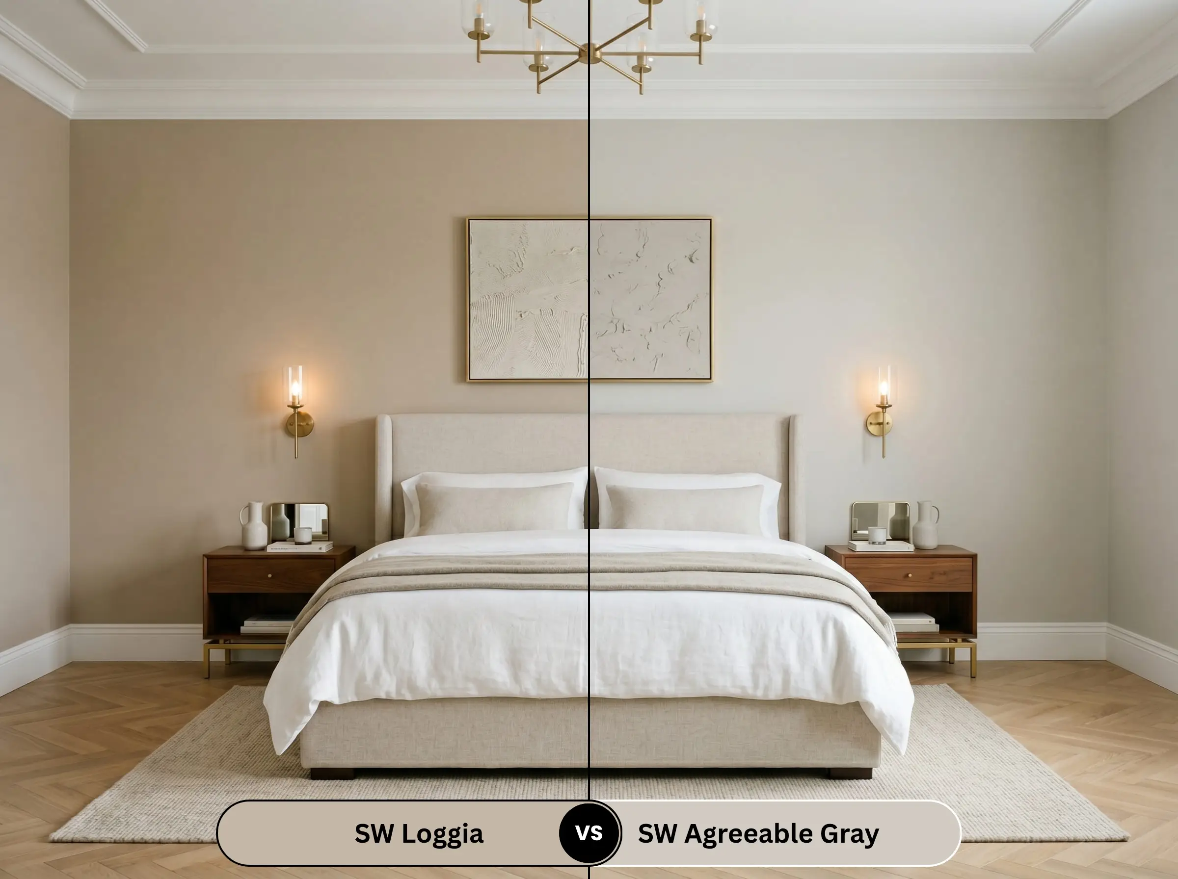 A split-screen bedroom comparison featuring a plush upholstered bed and brass sconces contrasts a warm earthy mushroom wall on the left with a cooler light greige wall on the right.