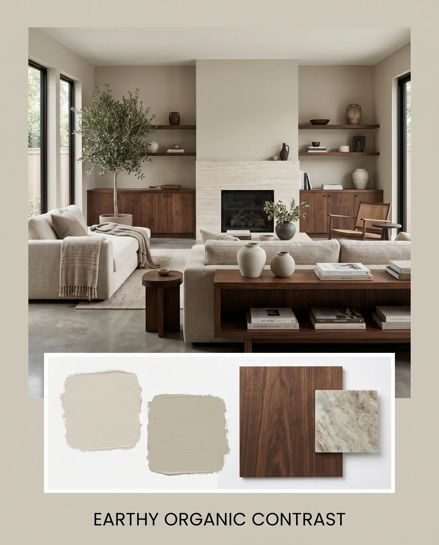 An editorial layout titled EARTHY ORGANIC CONTRAST pairs a photorealistic living space featuring deep chocolate-toned walnut wood with a flat-lay of honed stone slabs and earthy paint textures.