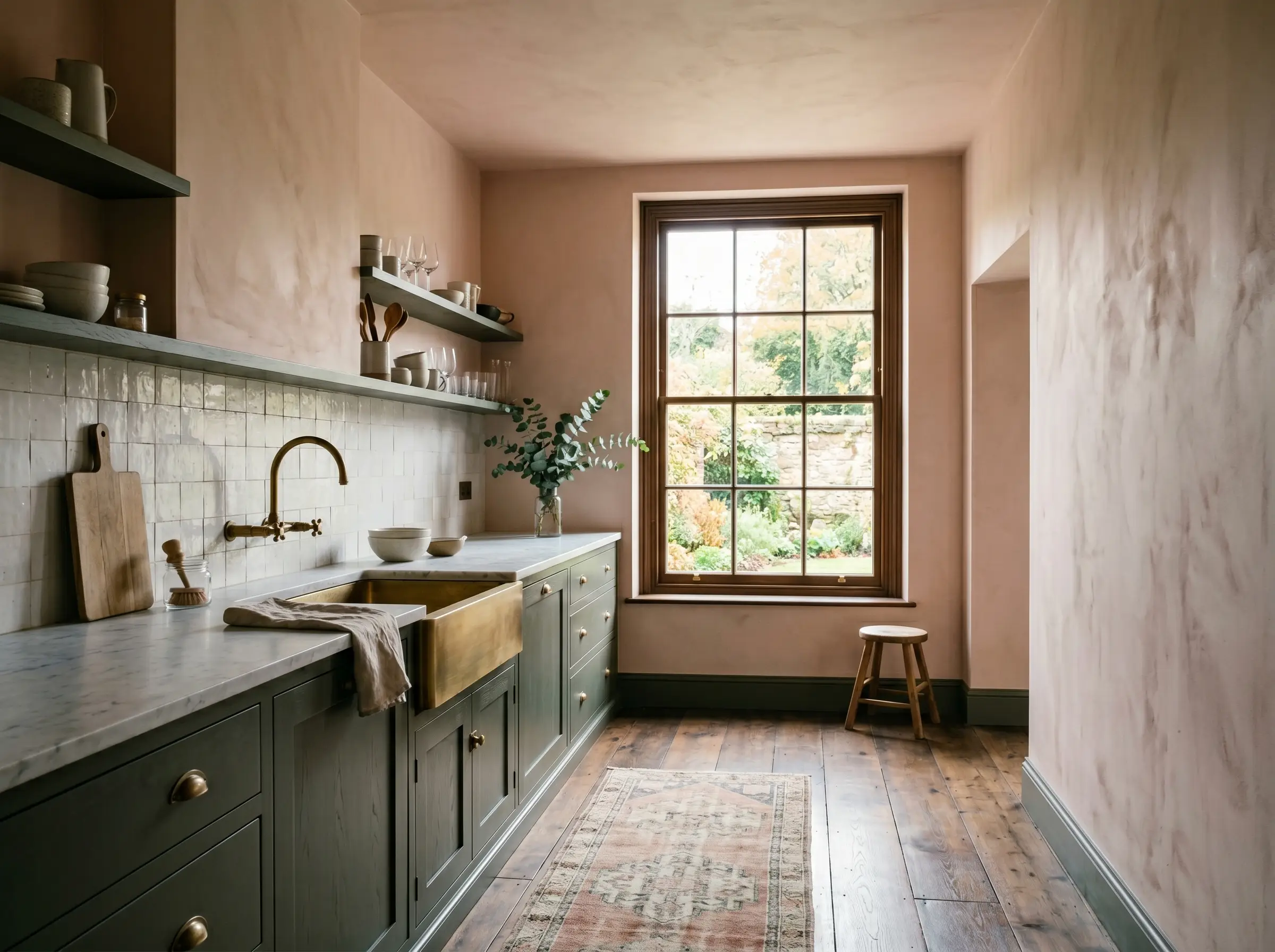 Dark muddy green lower cabinetry with unlacquered brass hardware contrasts sharply against luminous upper walls painted in Farrow & Ball Setting Plaster (Hex #d9c0ae).