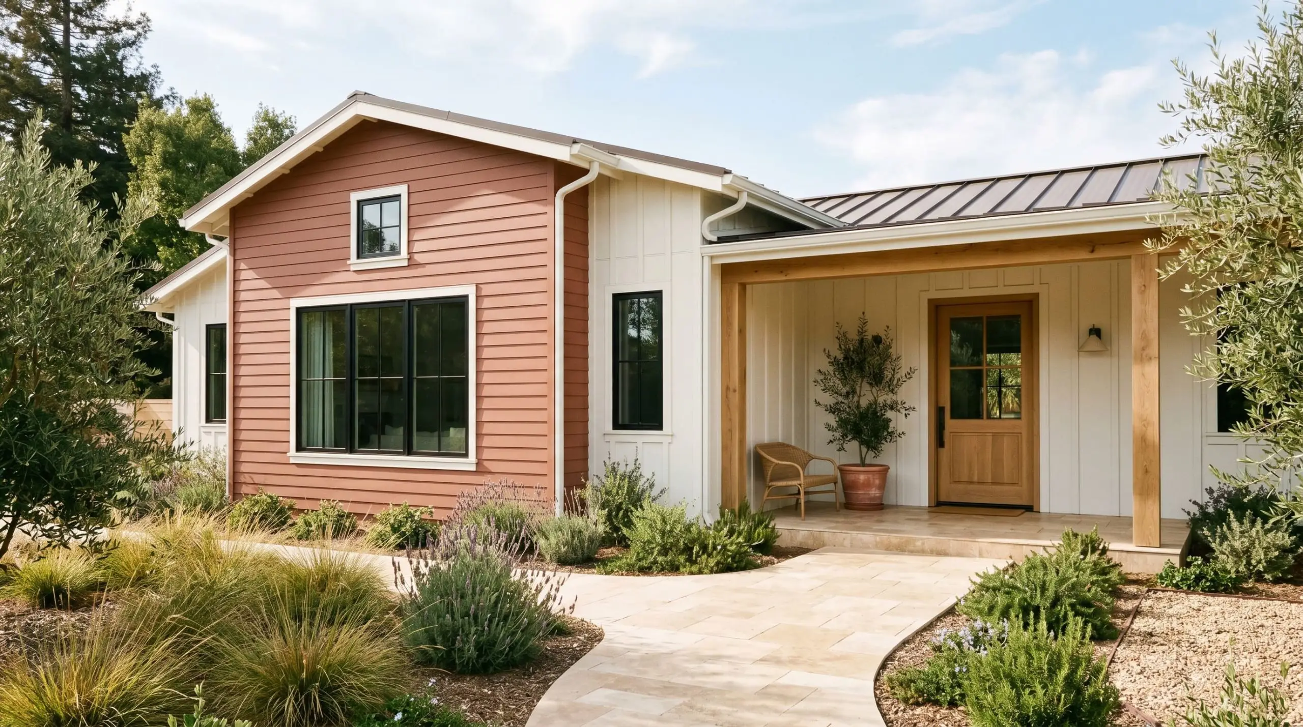 Natural white oak porch columns and a travertine walkway lead to an earthy reddish-brown exterior siding accent framed by crisp white trim.