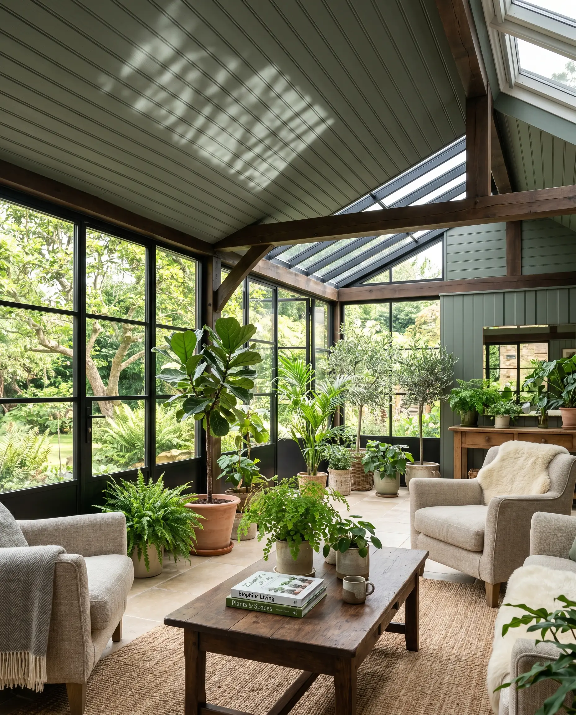 An organic, earthy slate-green beadboard ceiling acts as a canopy over a bright sunroom featuring tumbled limestone flooring, a walnut coffee table, and lush ferns.