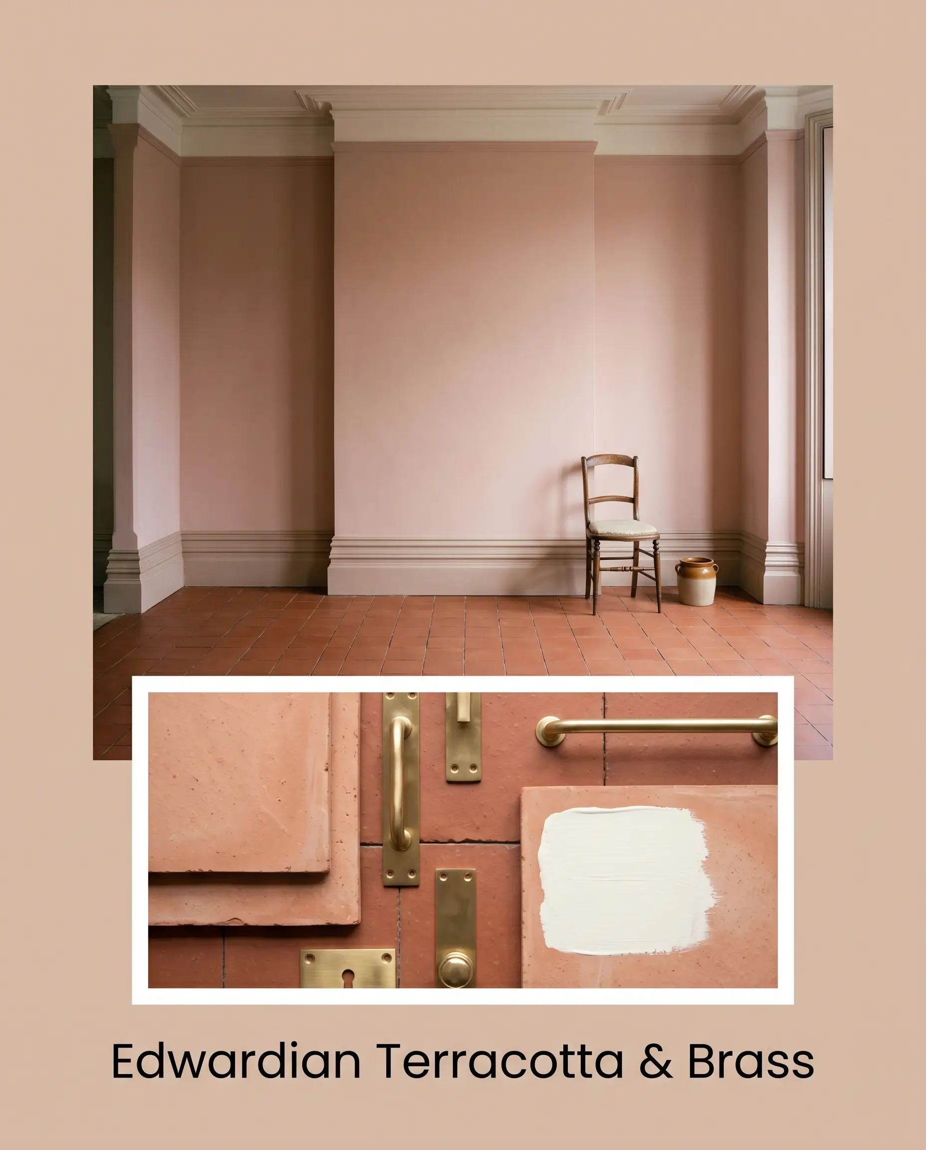 An editorial mood board pairs a historic room featuring heavy ornate baseboards and terracotta floors with a flat-lay of unglazed tiles, unlacquered brass hardware, and a creamy white paint swatch.