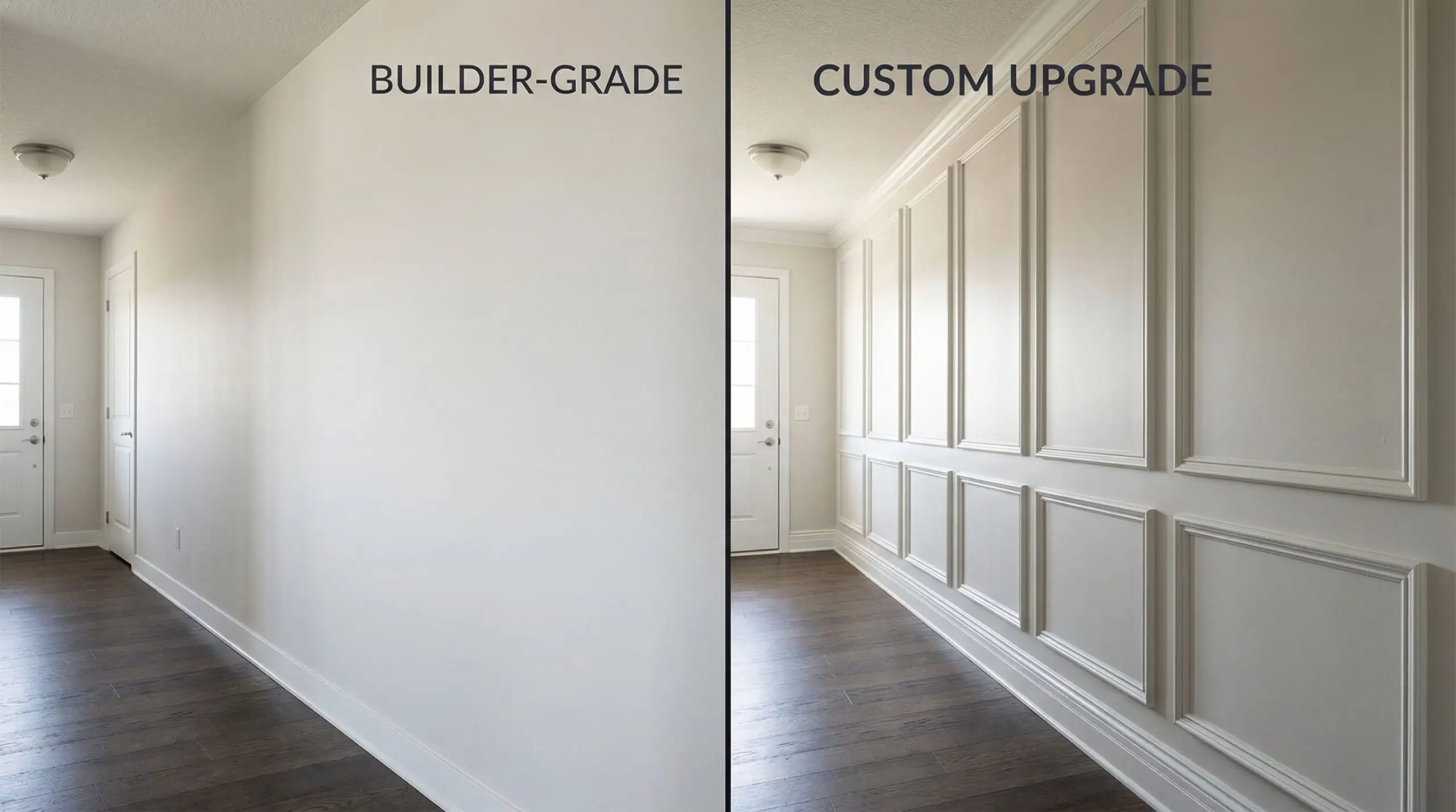 Split-screen contrasting a blank hallway wall against one enhanced with perfectly spaced picture frame molding and box trim.