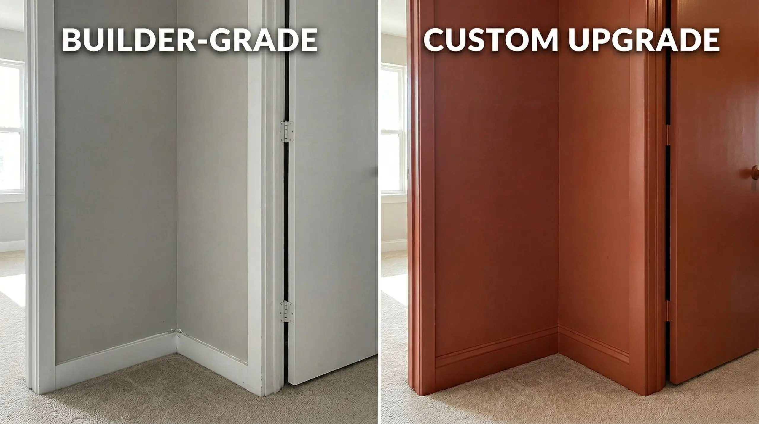 Split-screen contrasting flat gray walls and thin white baseboards with a seamless terracotta color-drenched wall, baseboard, and door.