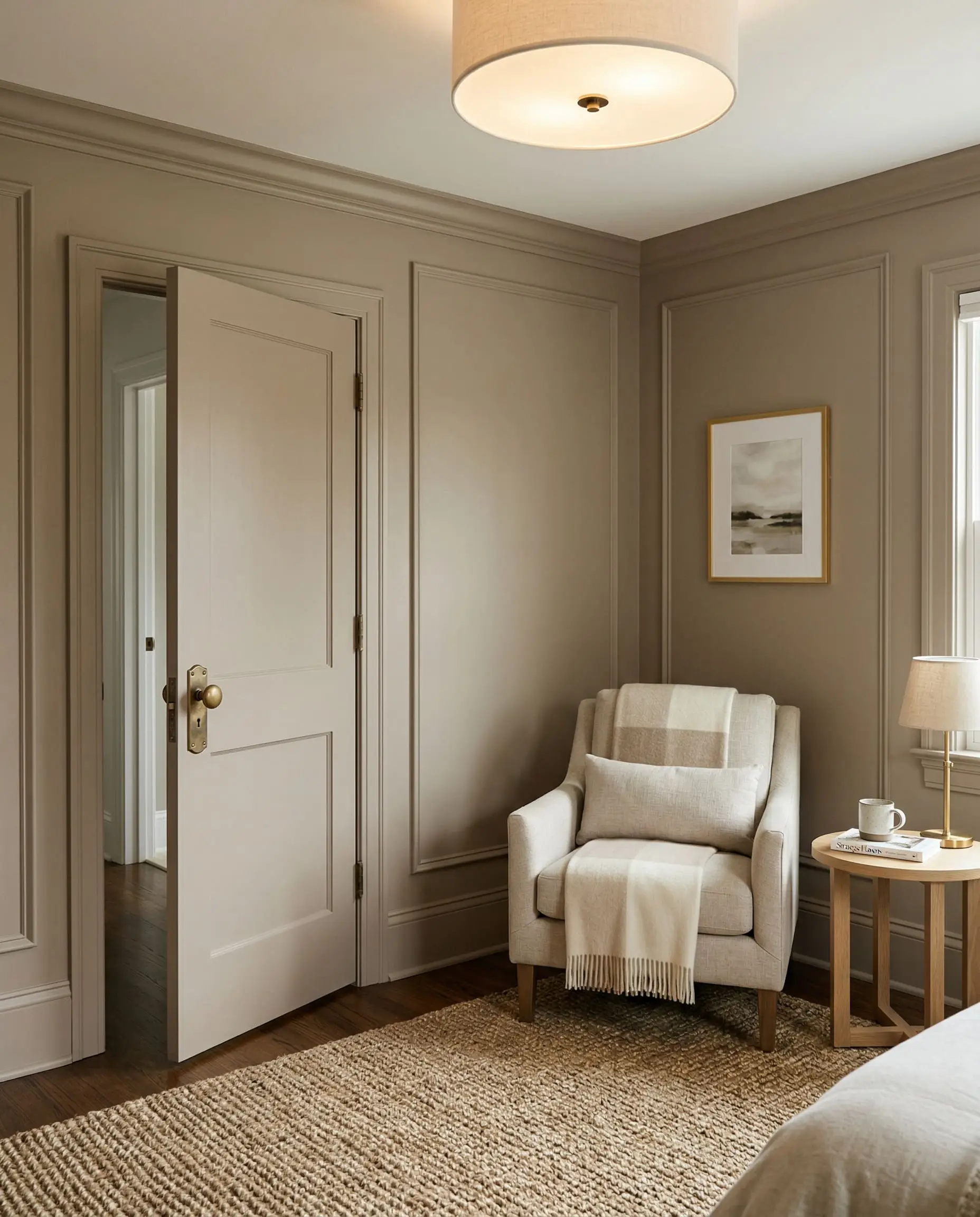 Upgraded suburban bedroom corner featuring picture frame molding, thick baseboards, and a solid-core door, all color-drenched in taupe.