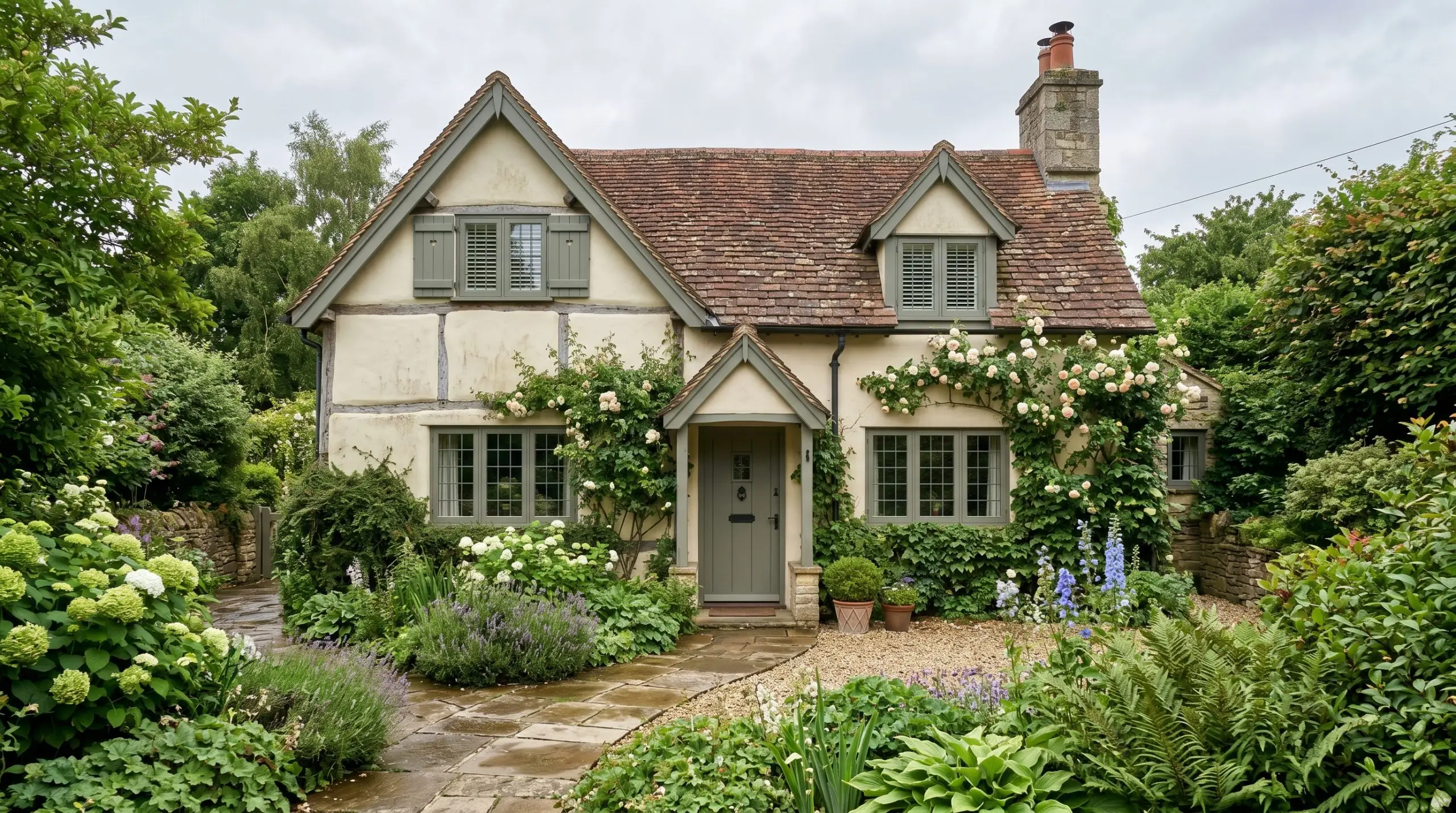 An authentic English cottage features a creamy stucco facade accented by historic green-gray window sashes, shutters, and fascia boards alongside a natural stone pathway.