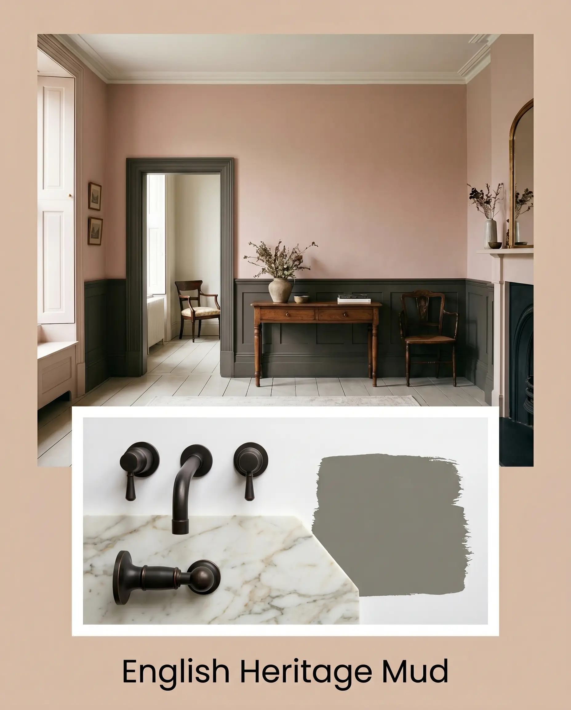 An editorial layout contrasts a heritage room featuring dusty pink upper walls and muddy charcoal wainscoting with a flat-lay of oil-rubbed bronze fixtures, honed marble, and a gray paint swatch.
