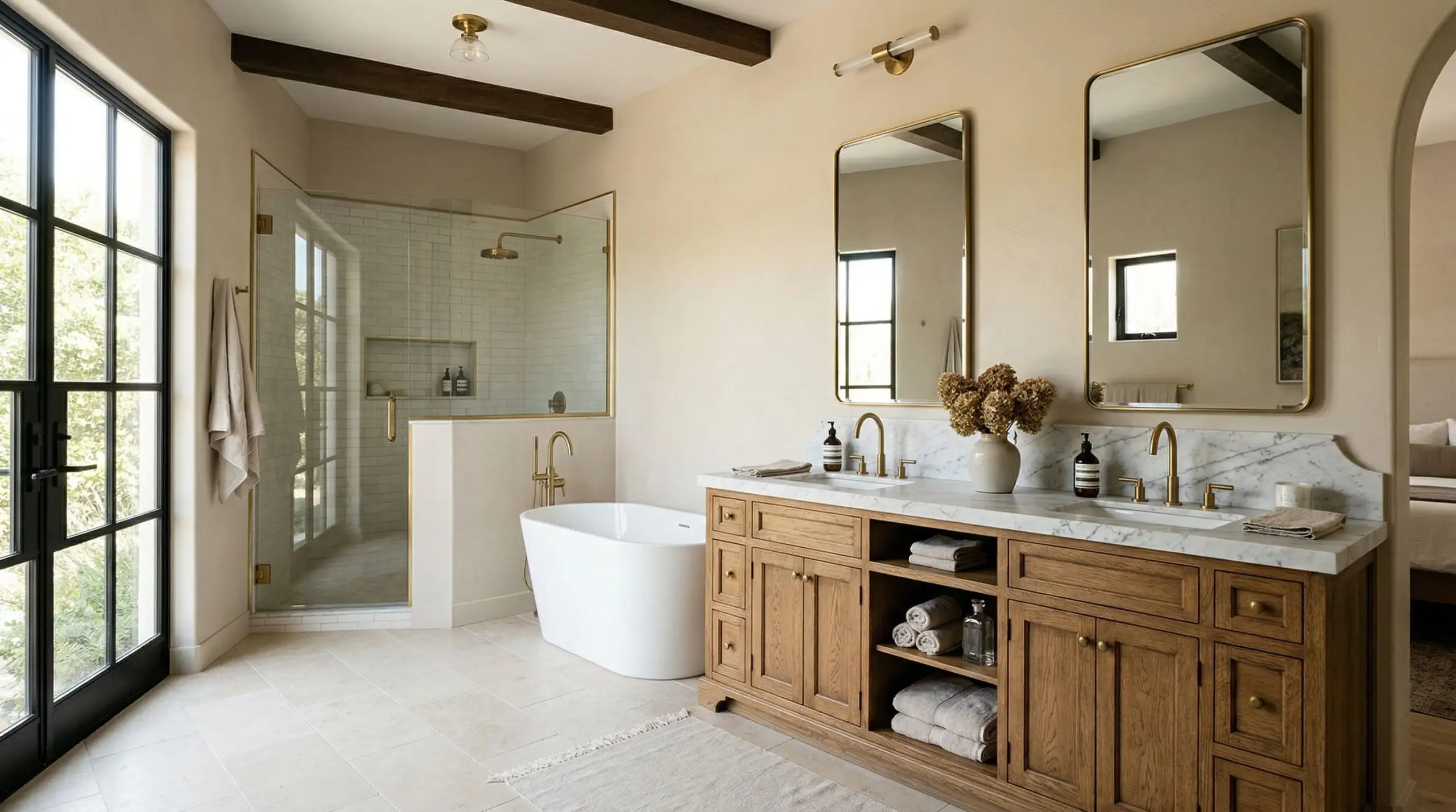 Bright natural daylighting illuminates a high-end bathroom featuring a vintage oak vanity, honed Carrara marble countertops, and warm neutral walls.