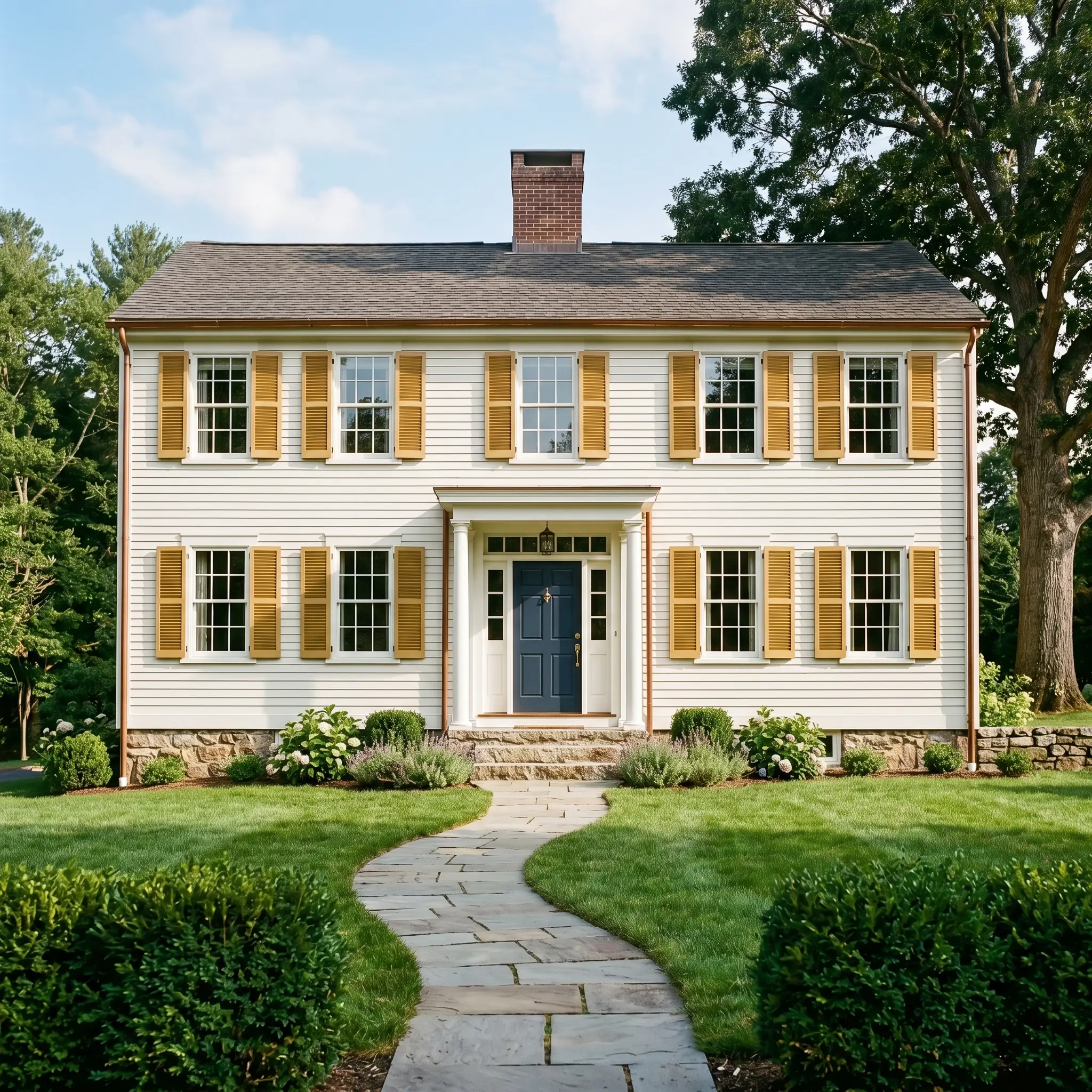 Deep earthy yellow exterior window shutters frame windows against soft, creamy white siding above a natural stone foundation and a tumbled Belgian bluestone walkway.