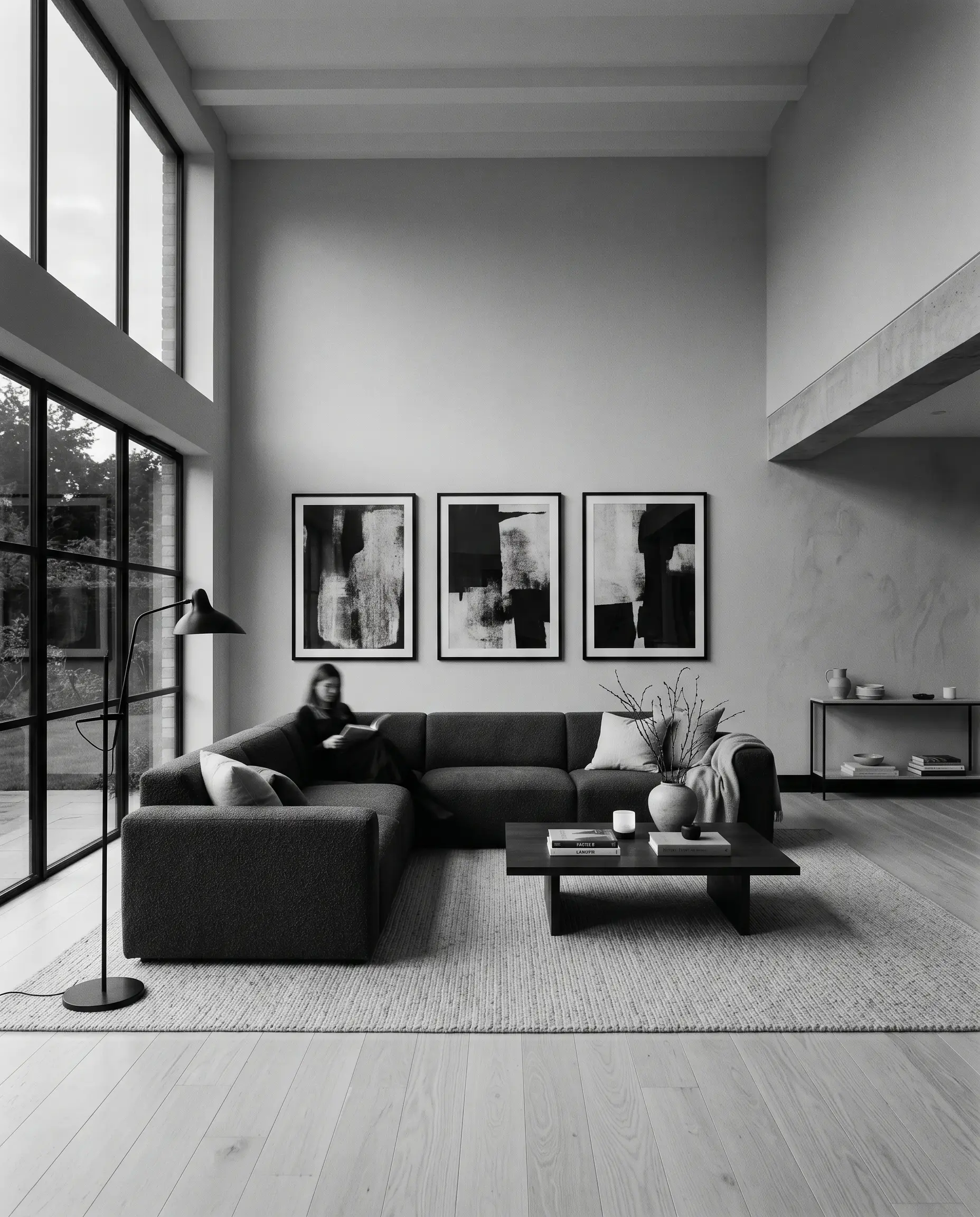 A hushed gallery-like living room features expansive walls painted in Farrow & Ball Dimpse (Hex #d4d4d2) anchored by a heavyweight slate bouclé sectional and oversized contemporary monochromatic art.