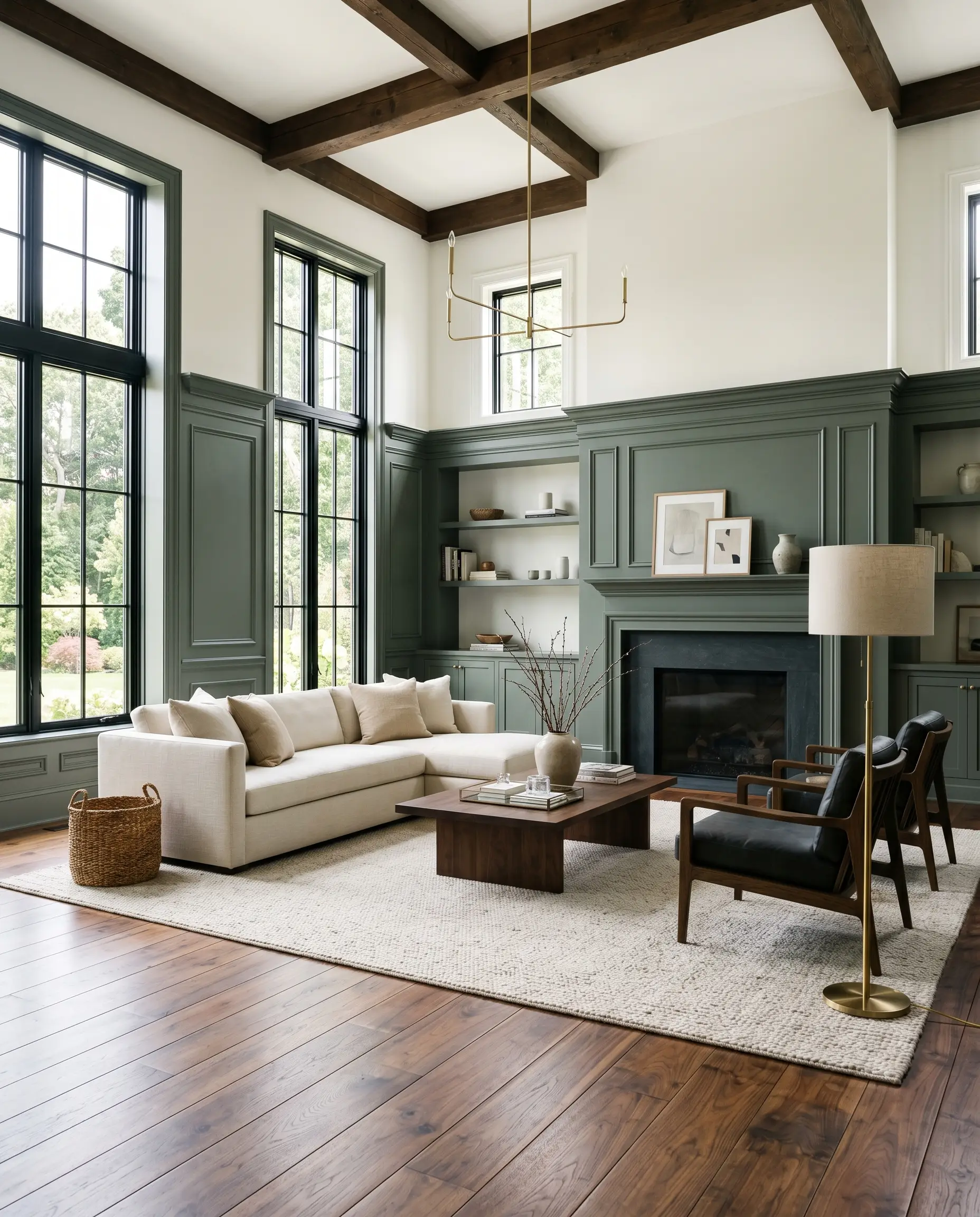 Moody historic green lower wainscoting grounds a grand living room featuring crisp white upper walls, medium-dark walnut hardwood floors, and an unlacquered brass floor lamp.