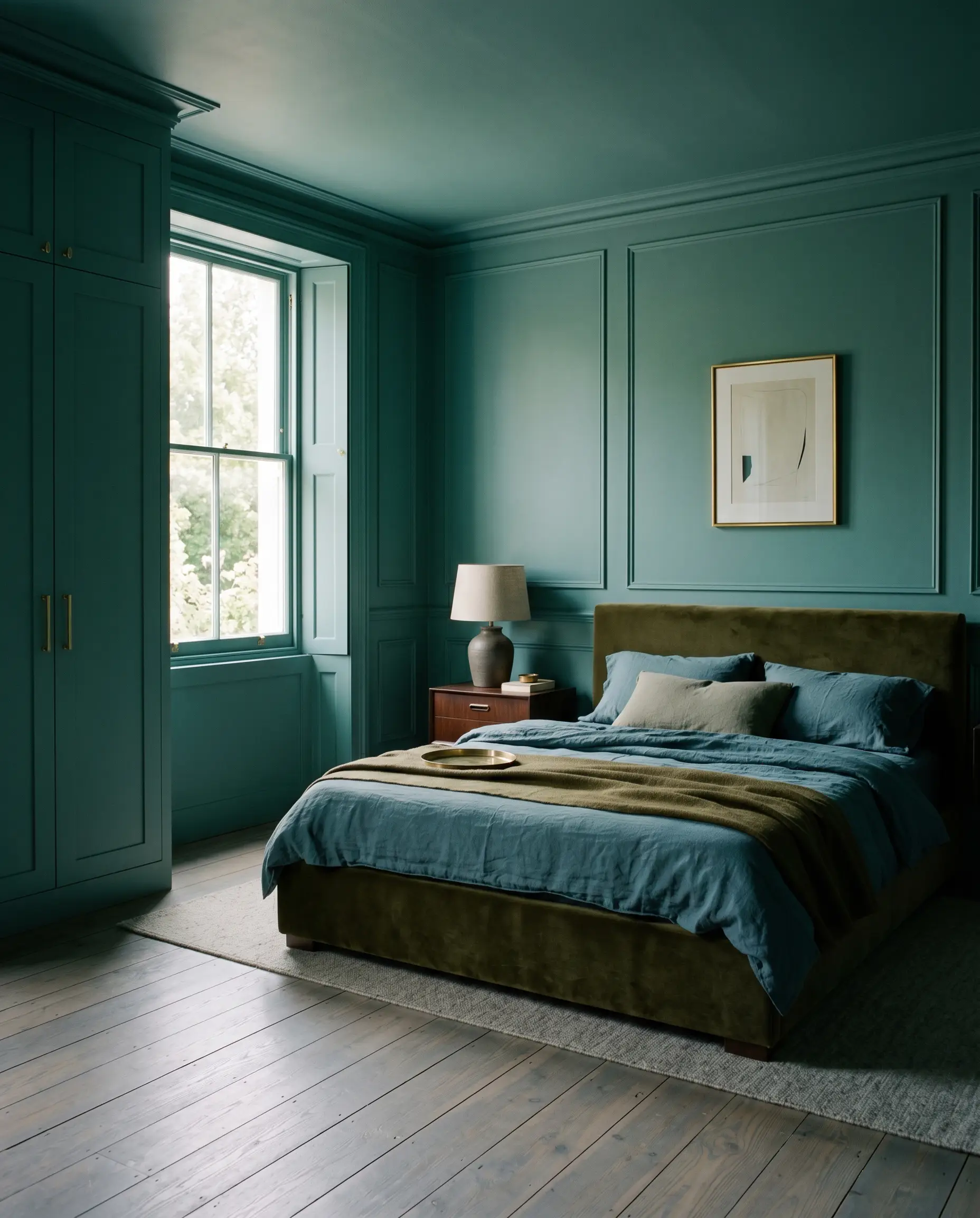 A dark olive mohair velvet bedframe centers a cocooning historic bedroom completely color-drenched in Farrow & Ball Vardo (Hex #427f83).