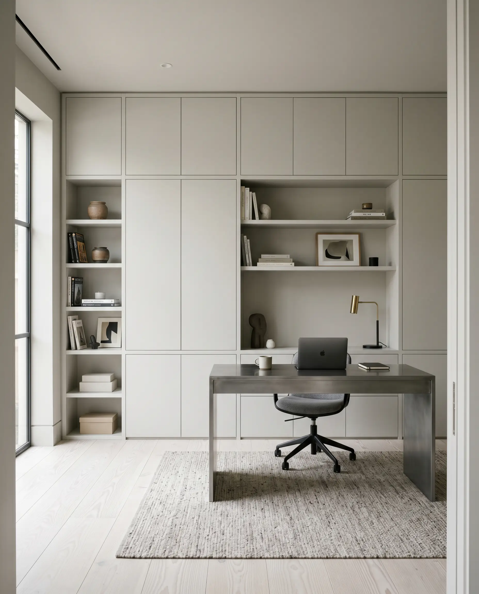 Floor-to-ceiling flat-panel built-in millwork in a dead-flat twilight grey finish melts seamlessly into the architecture of a modern study featuring a sleek cold-rolled steel desk.