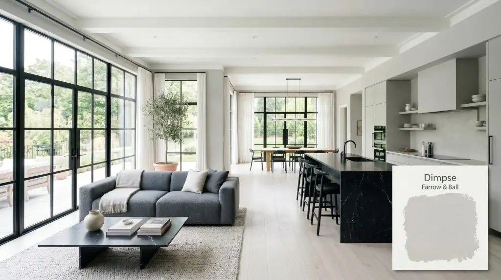 A modern open-plan living and kitchen space features sleek flat-panel cabinetry painted in Farrow & Ball Dimpse (Hex #d4d4d2), contrasting with a Honed Nero Marquina marble waterfall island and a heavy slate bouclé sofa.