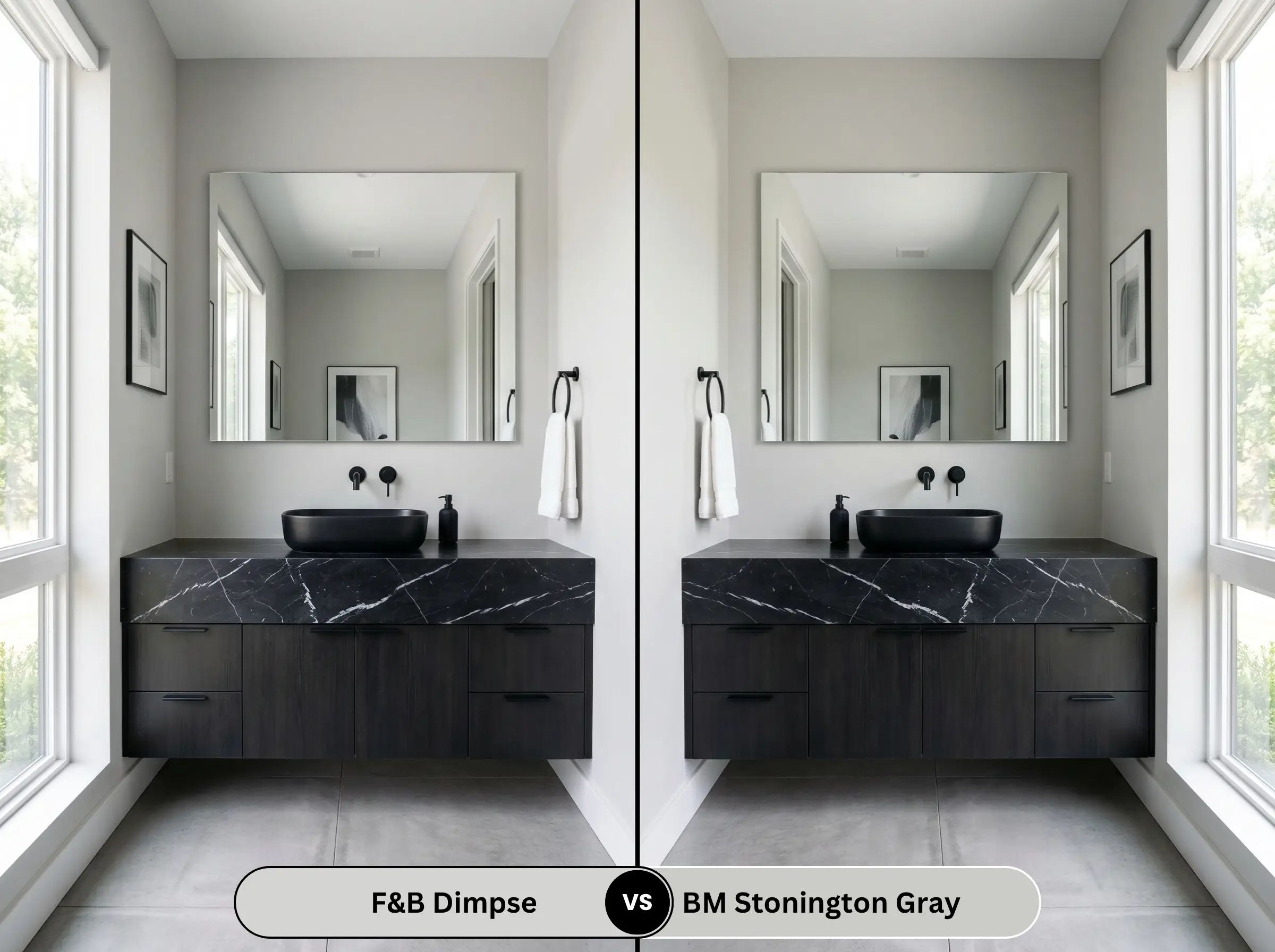 A side-by-side split-screen comparison of Farrow & Ball Dimpse on the left and Benjamin Moore Stonington Gray on the right, shown in a contemporary bathroom with a Honed Nero Marquina marble vanity.