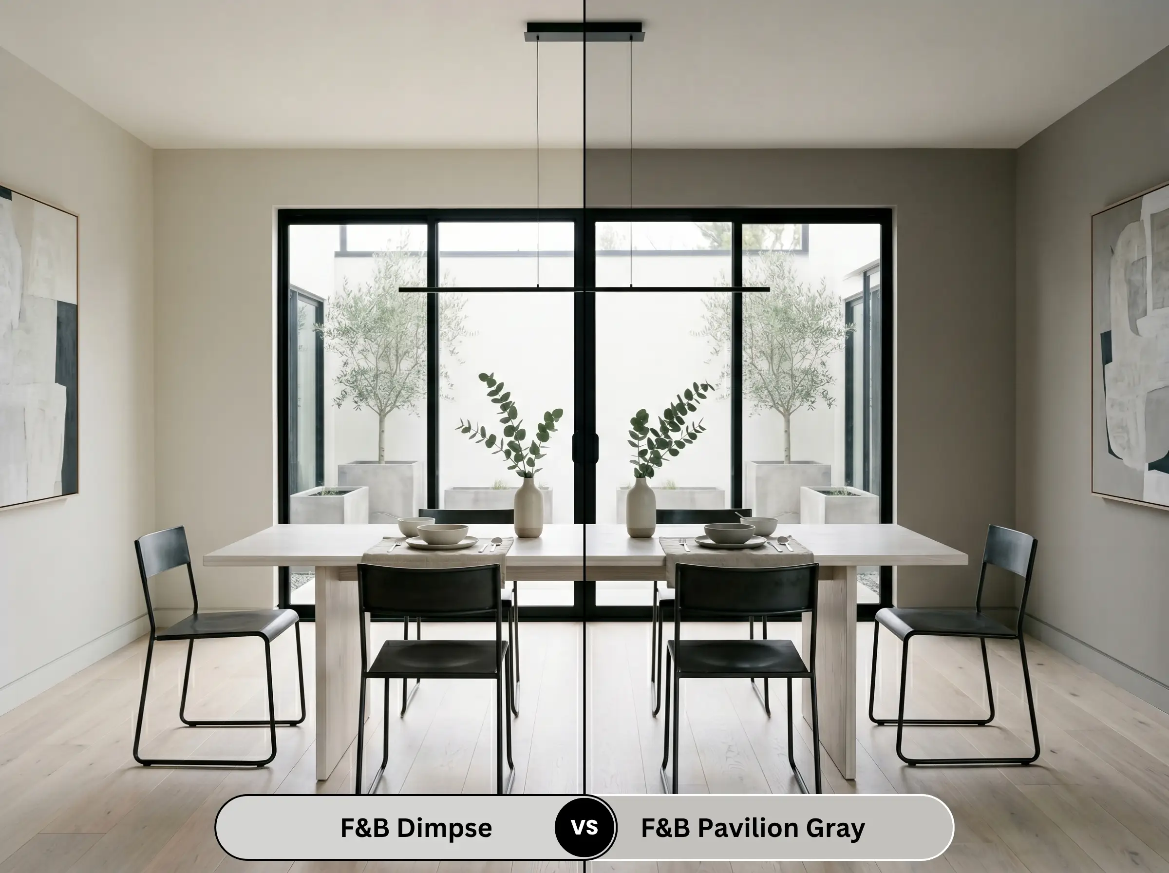 A side-by-side split-screen comparison of Farrow & Ball Dimpse on the left and Farrow & Ball Pavilion Gray on the right, shown in a modern minimalist dining room with a white-washed ash wood table.