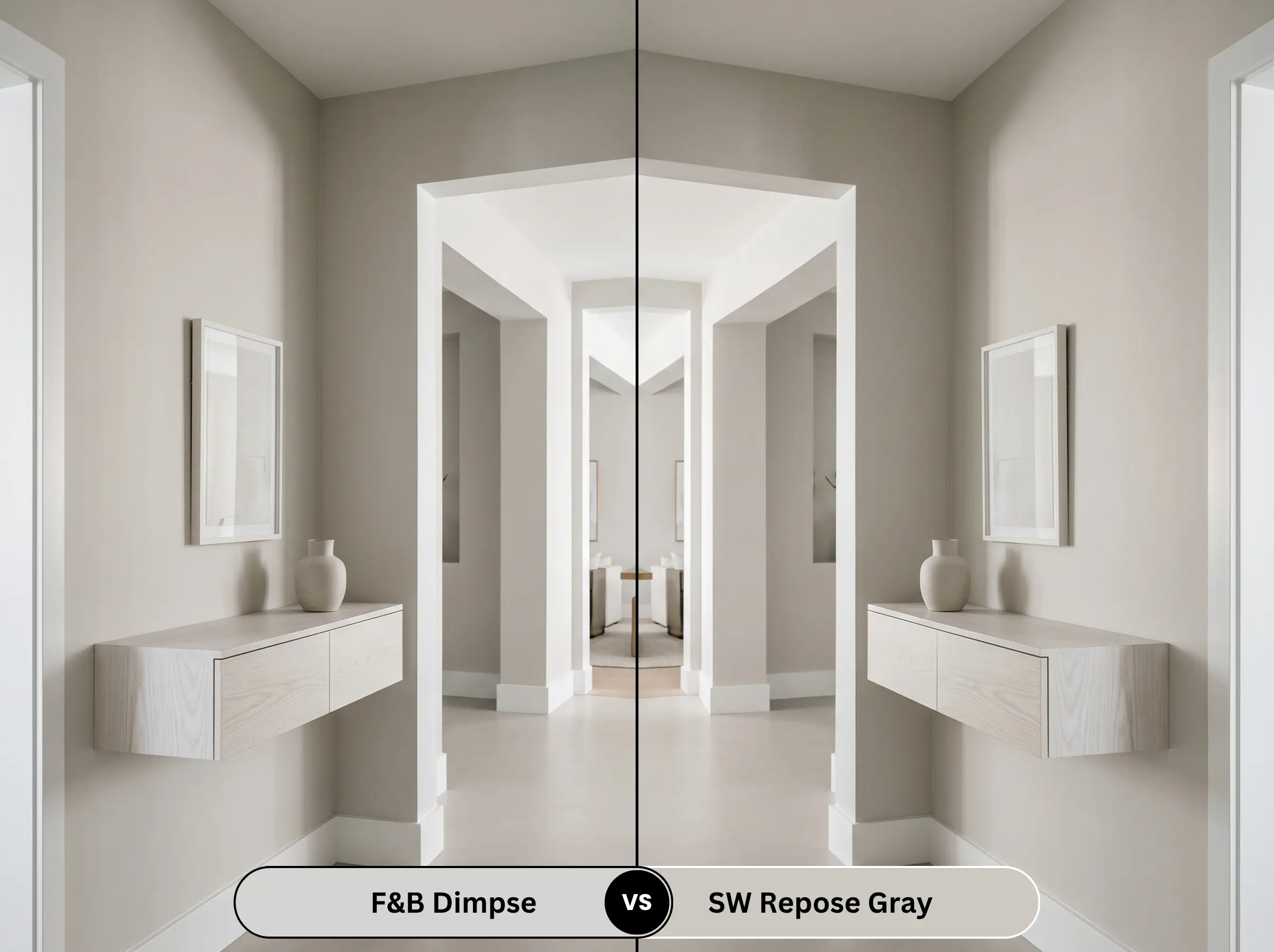 A side-by-side split-screen comparison of Farrow & Ball Dimpse on the left and Sherwin-Williams Repose Gray on the right, shown in an open-plan modern entryway with a floating white-washed ash wood console.