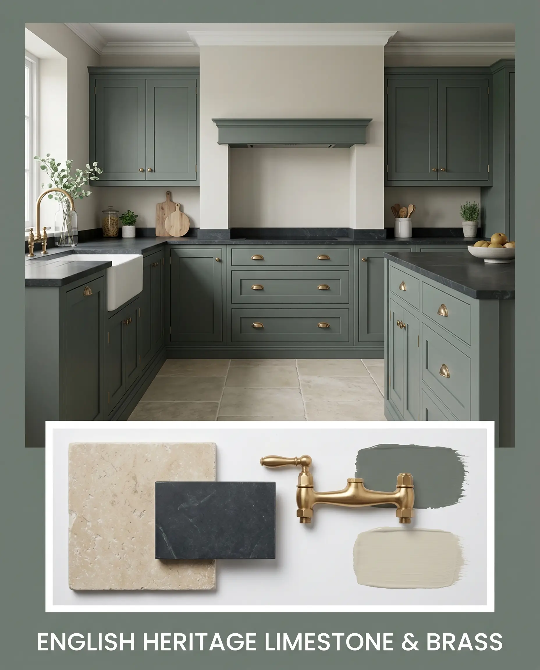An English Heritage mood board pairs a kitchen painted in Farrow & Ball Green Smoke (Hex #6f7b71) with a flat-lay of limestone, soapstone, and brass.